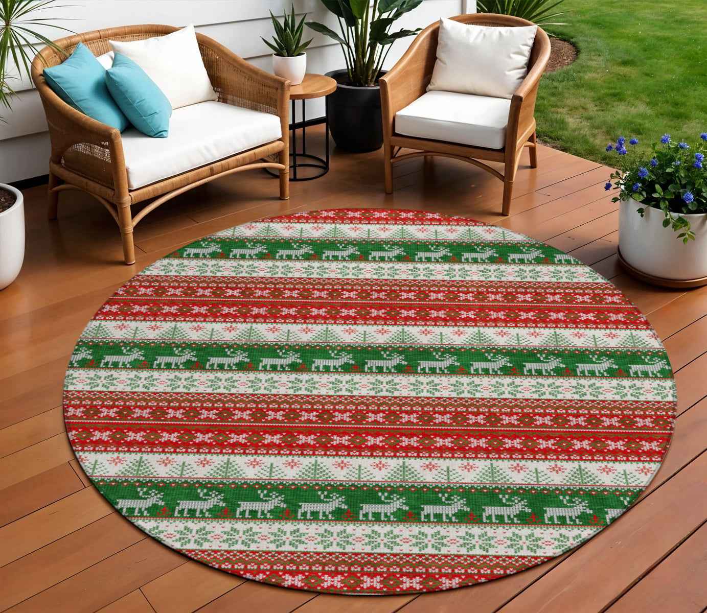 8' Red Green And Ivory Round Animal Print Washable Indoor Outdoor Area Rug