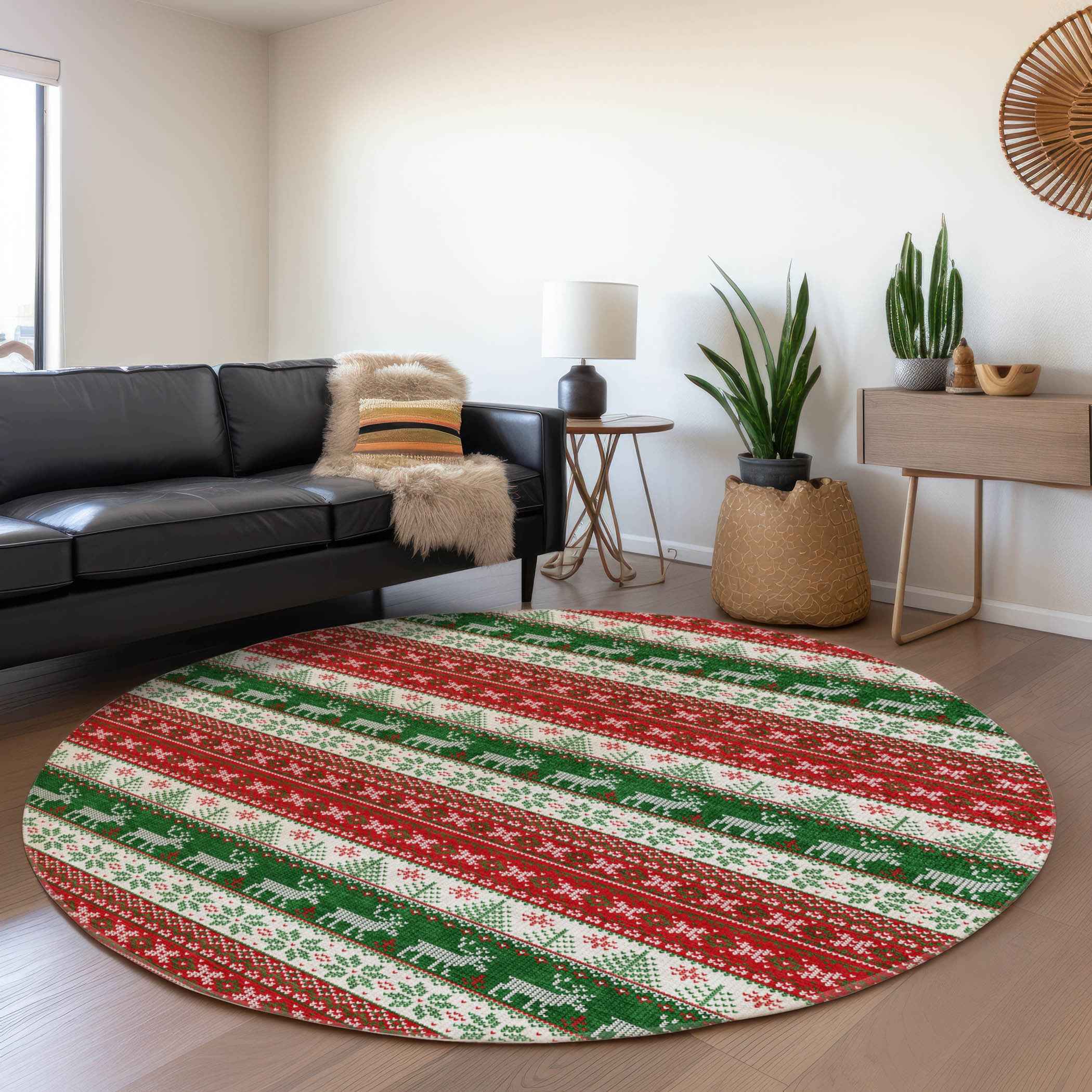 8' Red Green And Ivory Round Animal Print Washable Indoor Outdoor Area Rug