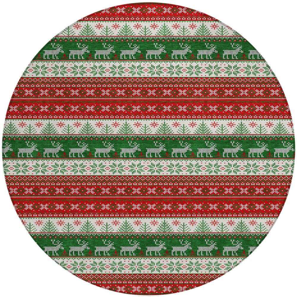 8' Red Green And Ivory Round Animal Print Washable Indoor Outdoor Area Rug