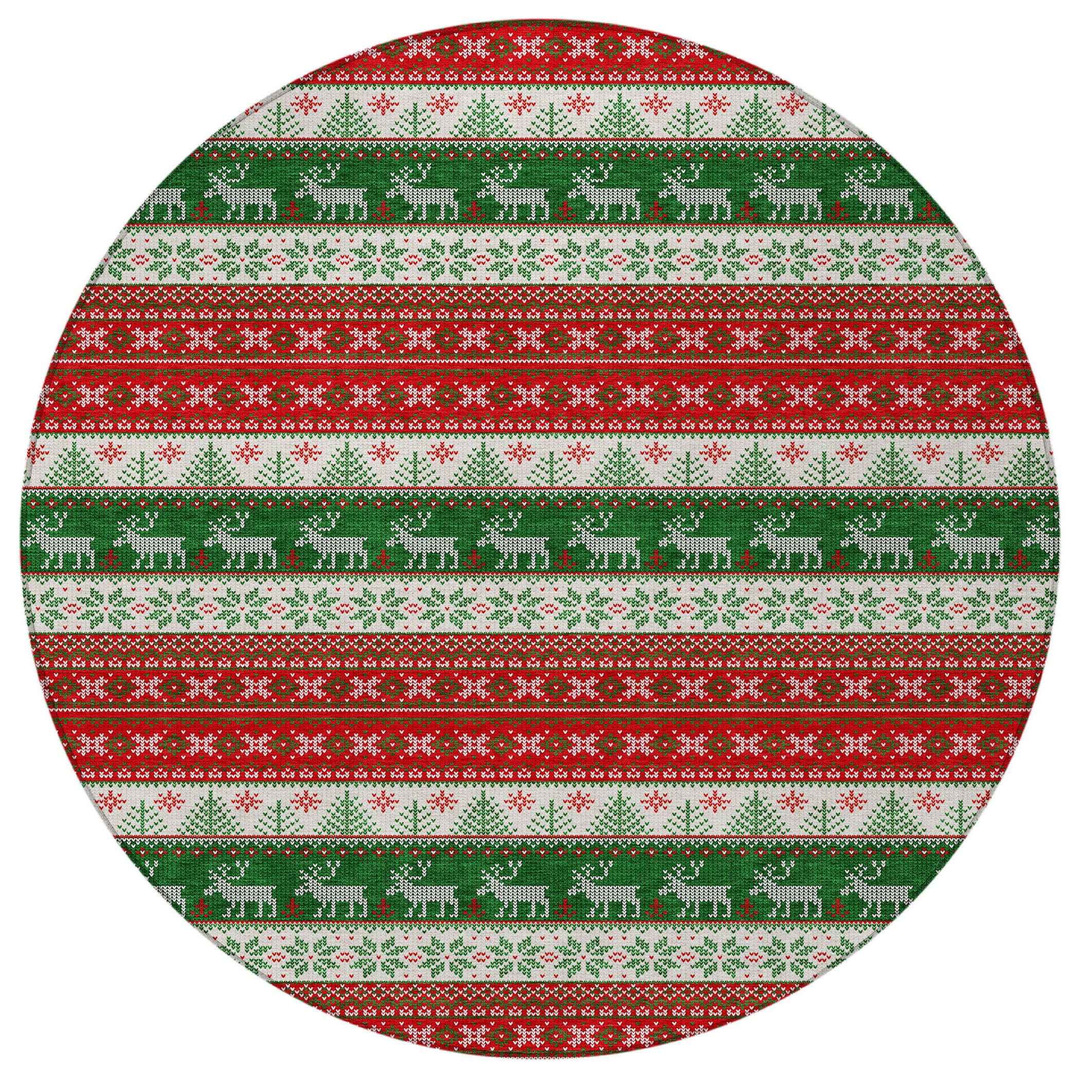 8' Red Green And Ivory Round Animal Print Washable Indoor Outdoor Area Rug