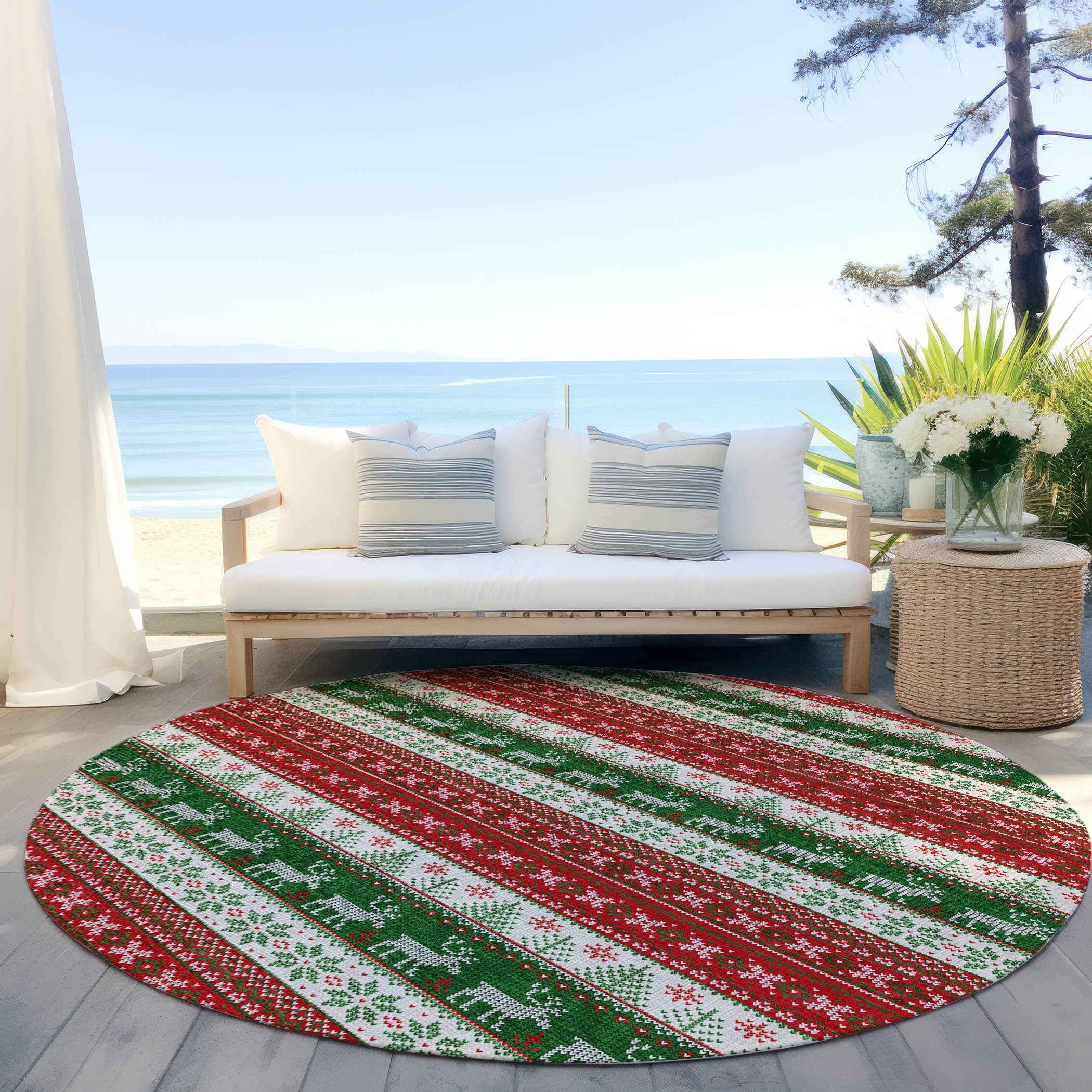 8' Red Green And Ivory Round Animal Print Washable Indoor Outdoor Area Rug