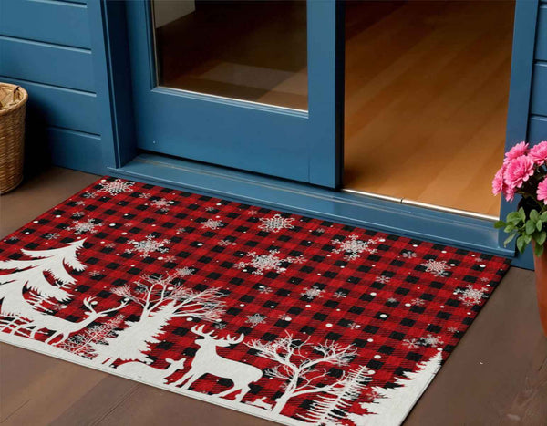 3' X 5' Red Black And Ivory Plaid Washable Indoor Outdoor Area Rug