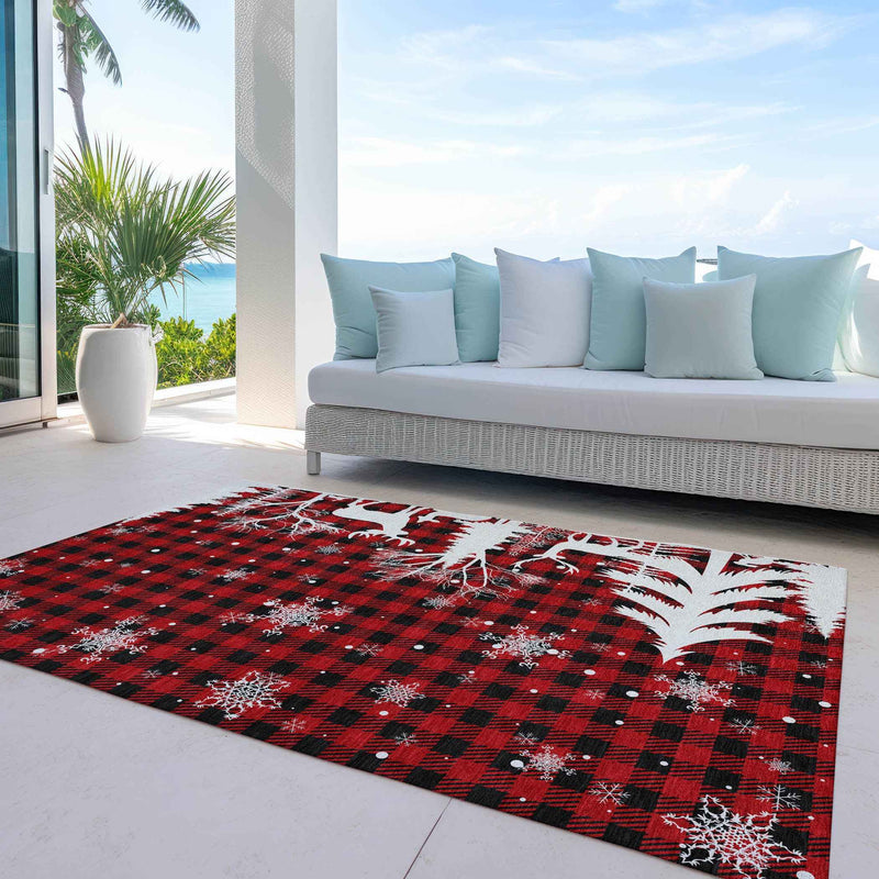 3' X 5' Red Black And Ivory Plaid Washable Indoor Outdoor Area Rug