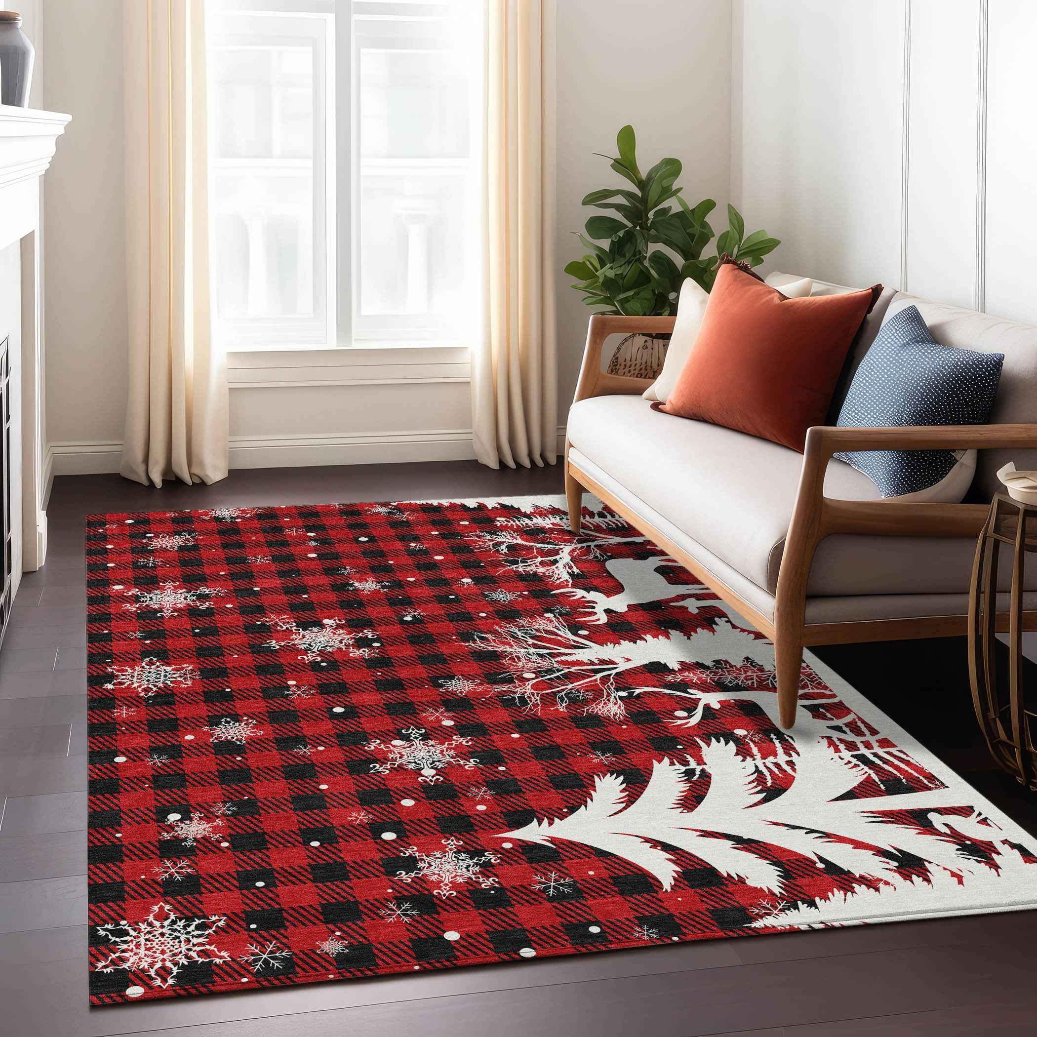 3' X 5' Red Black And Ivory Plaid Washable Indoor Outdoor Area Rug