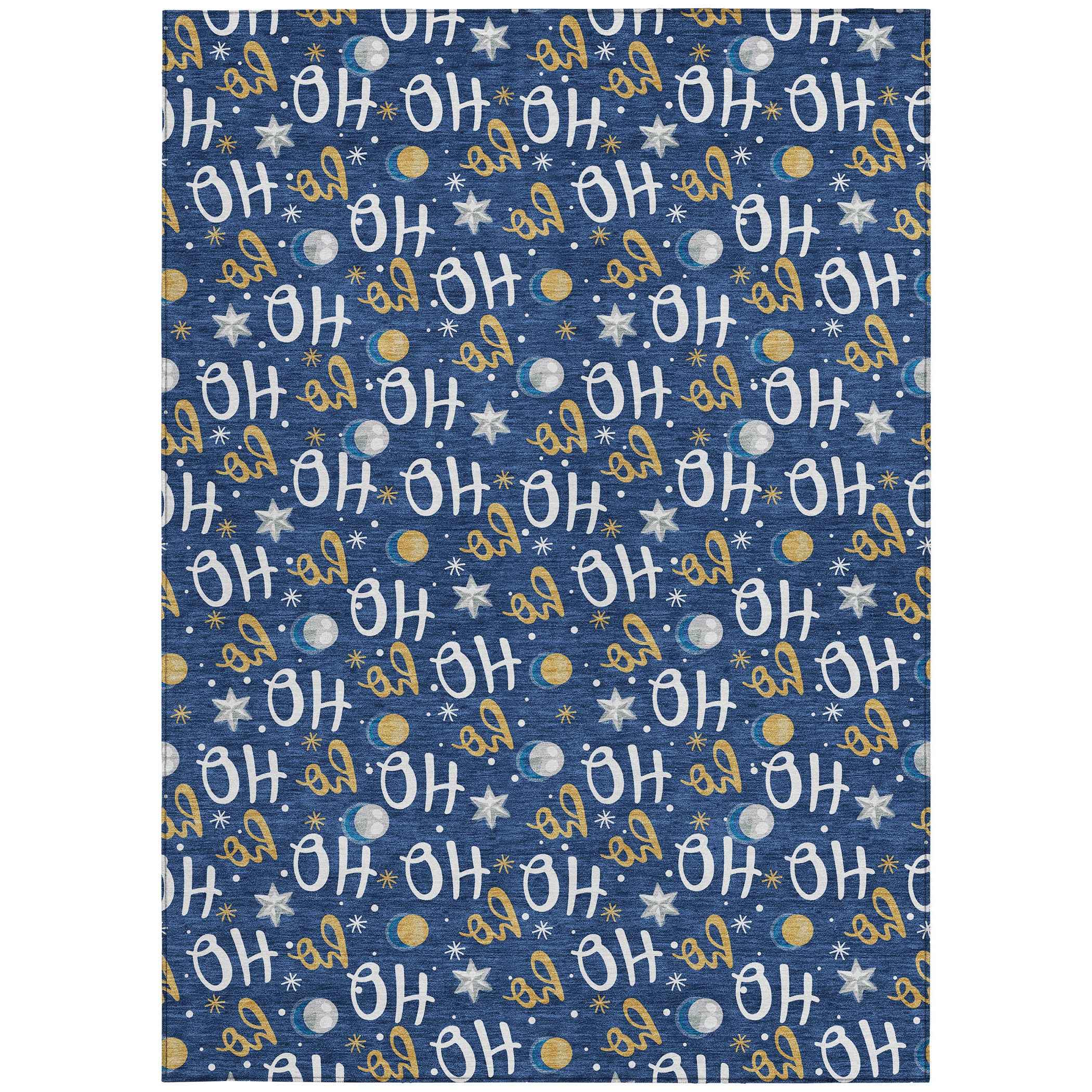 9' X 12' Navy Blue White And Gold Polka Dot Washable Indoor Outdoor Area Rug