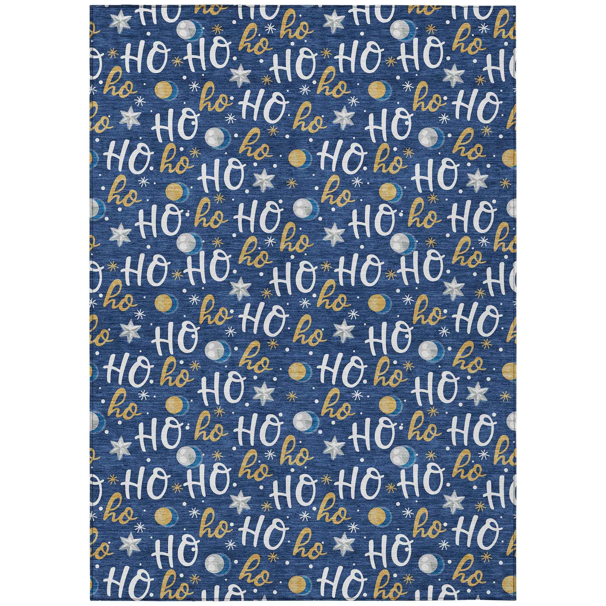 9' X 12' Navy Blue White And Gold Polka Dot Washable Indoor Outdoor Area Rug