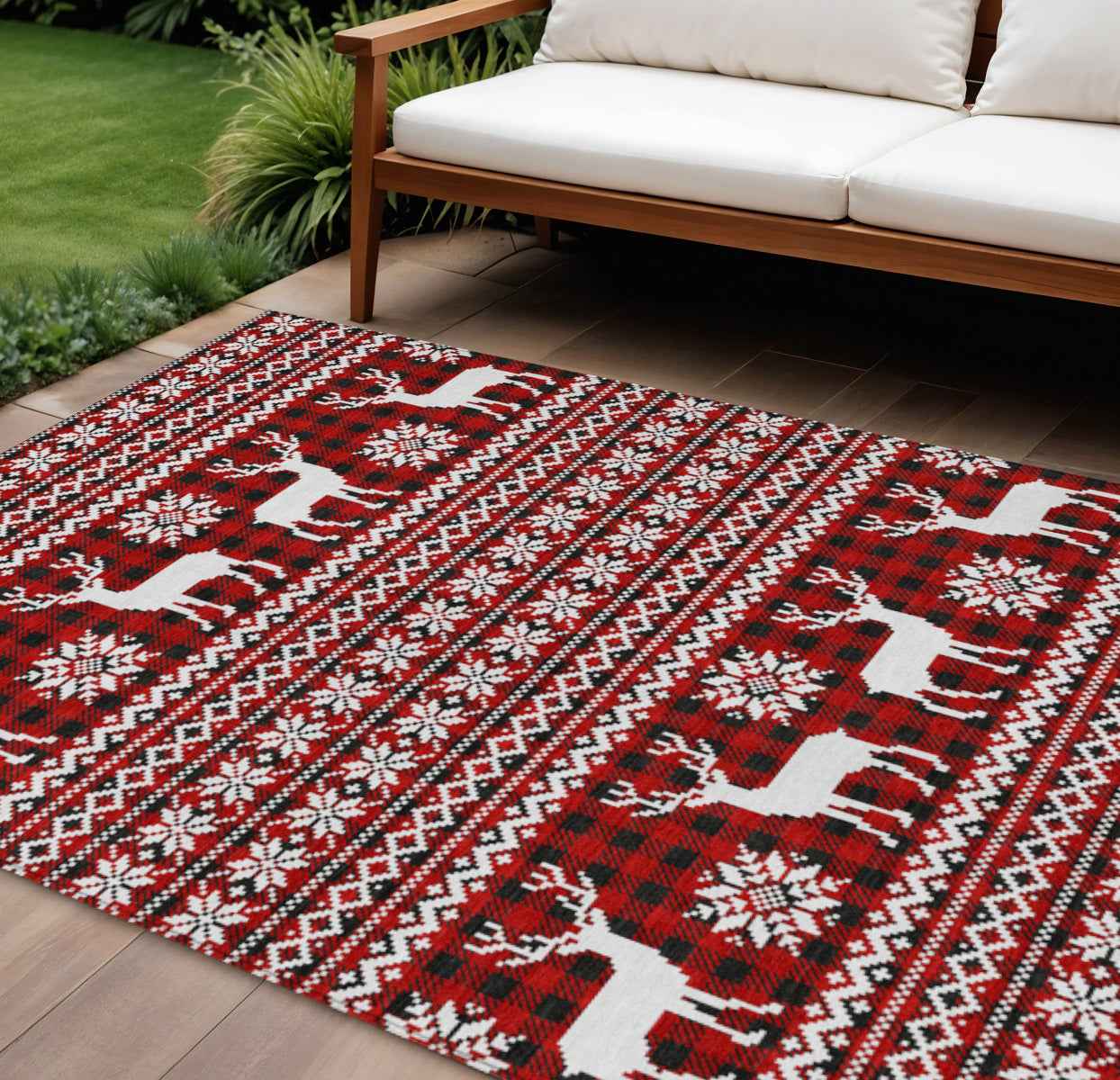 10' X 14' Red Black And Ivory Animal Print Washable Indoor Outdoor Area Rug