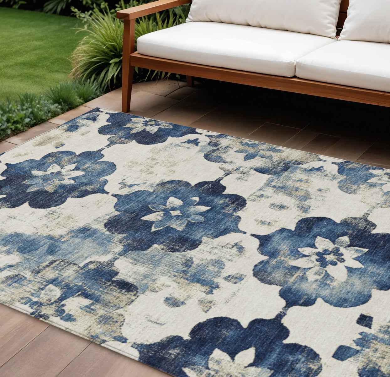 9' X 12' Navy Blue And Ivory Floral Washable Indoor Outdoor Area Rug