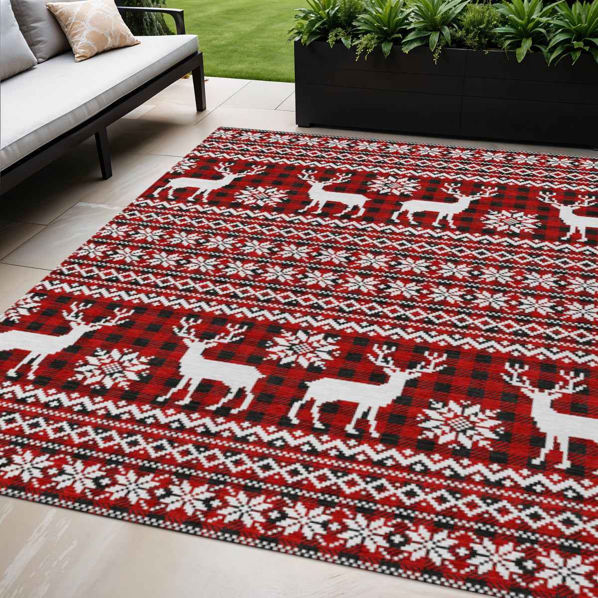 5' X 8' Red Black And Ivory Animal Print Washable Indoor Outdoor Area Rug