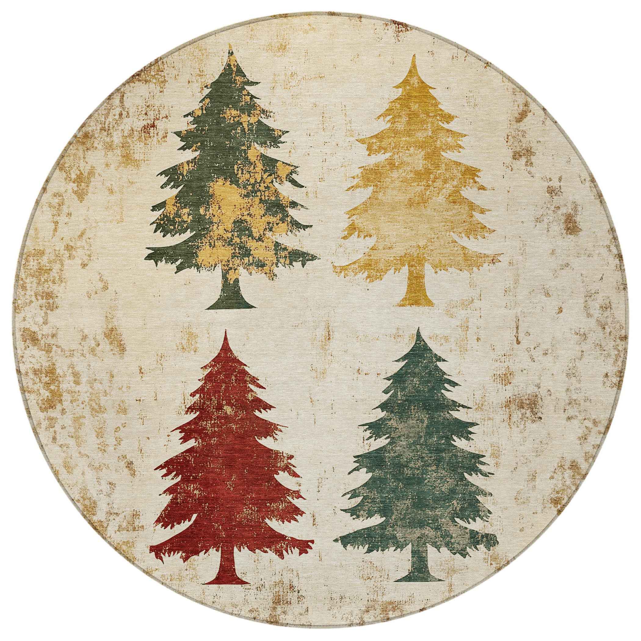 8' Ivory Gold And Burgundy Round Botanical Leaves Washable Indoor Outdoor Area Rug