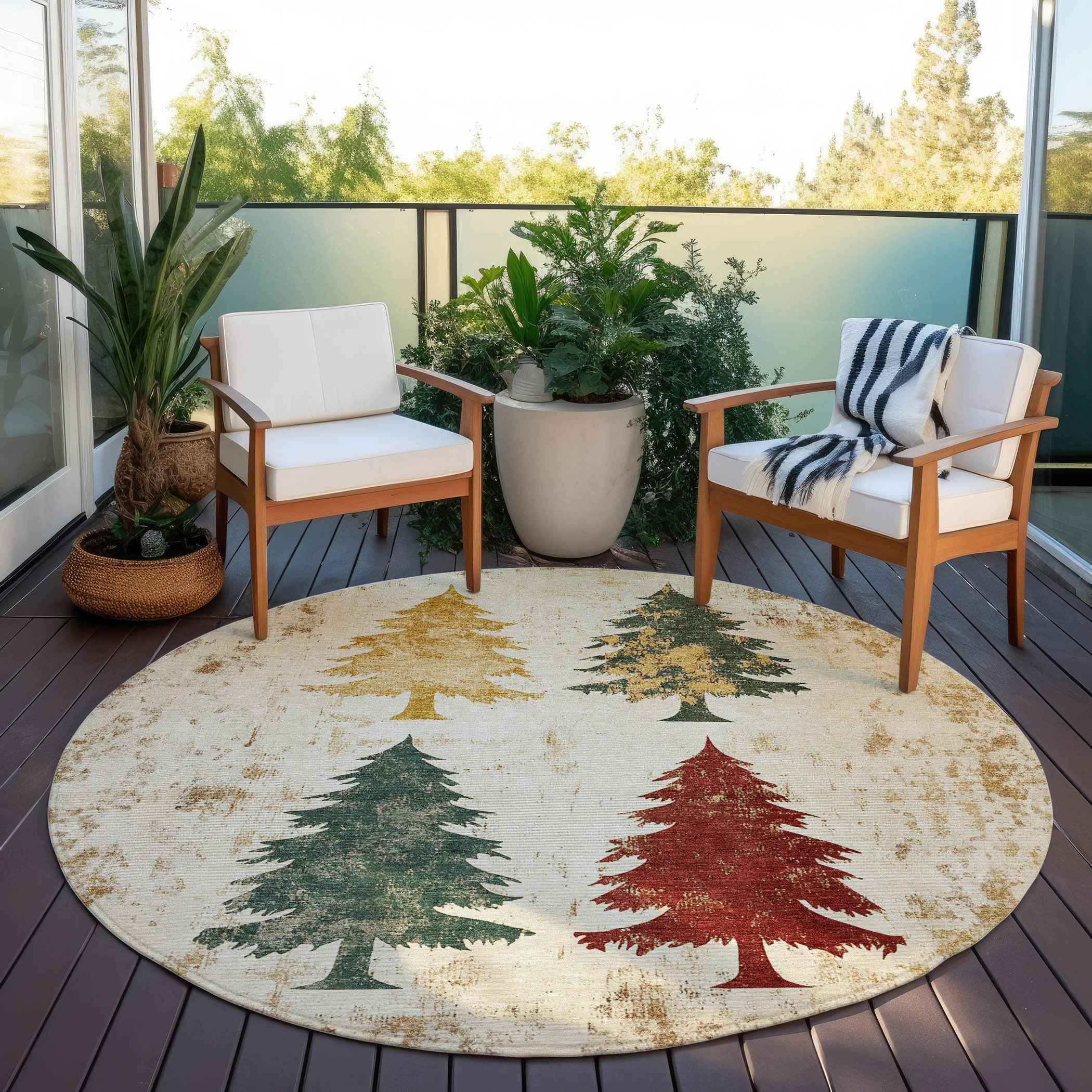8' Ivory Gold And Burgundy Round Botanical Leaves Washable Indoor Outdoor Area Rug