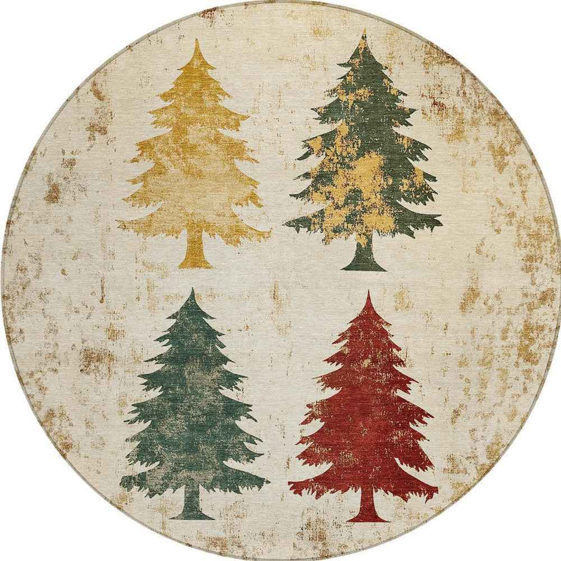 8' Ivory Gold And Burgundy Round Botanical Leaves Washable Indoor Outdoor Area Rug