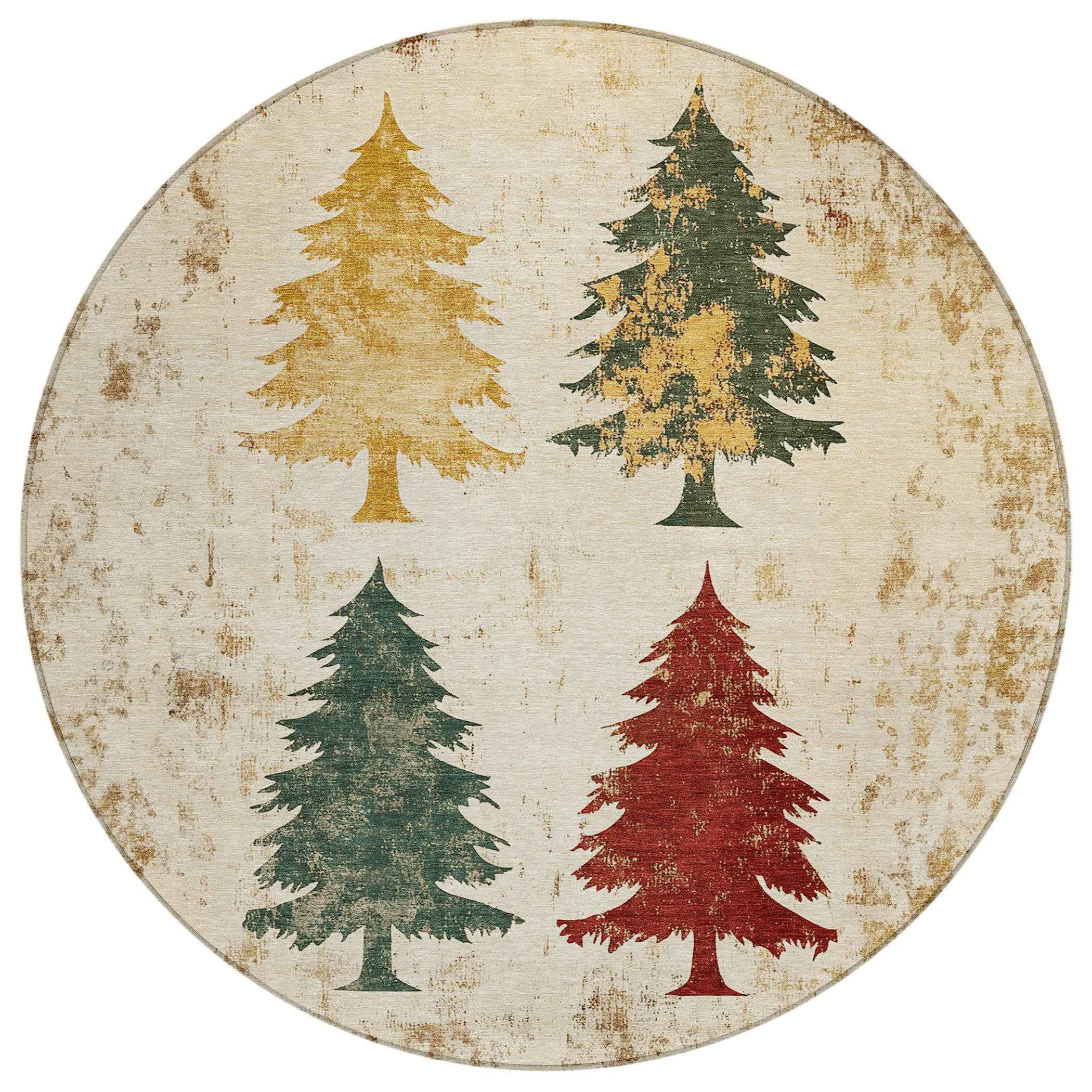 8' Ivory Gold And Burgundy Round Botanical Leaves Washable Indoor Outdoor Area Rug