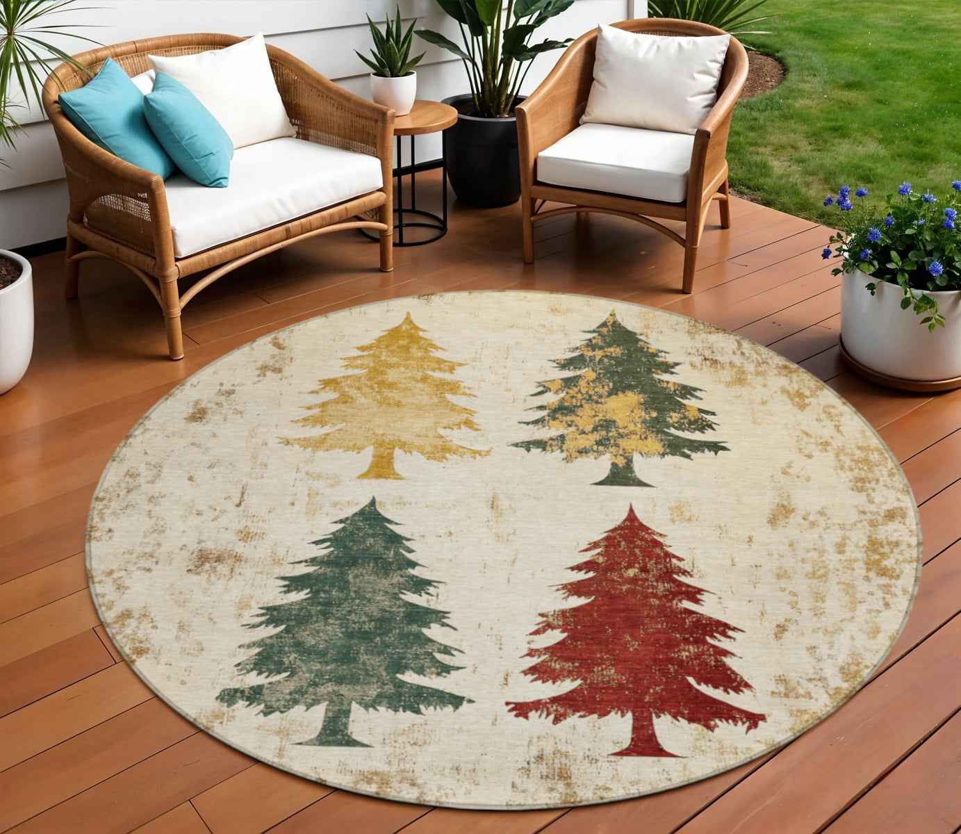 8' Ivory Gold And Burgundy Round Botanical Leaves Washable Indoor Outdoor Area Rug