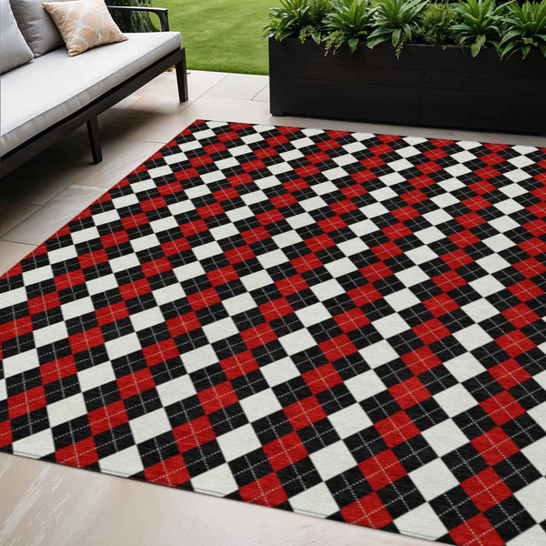 5' X 8' Black Red And White Argyle Washable Indoor Outdoor Area Rug
