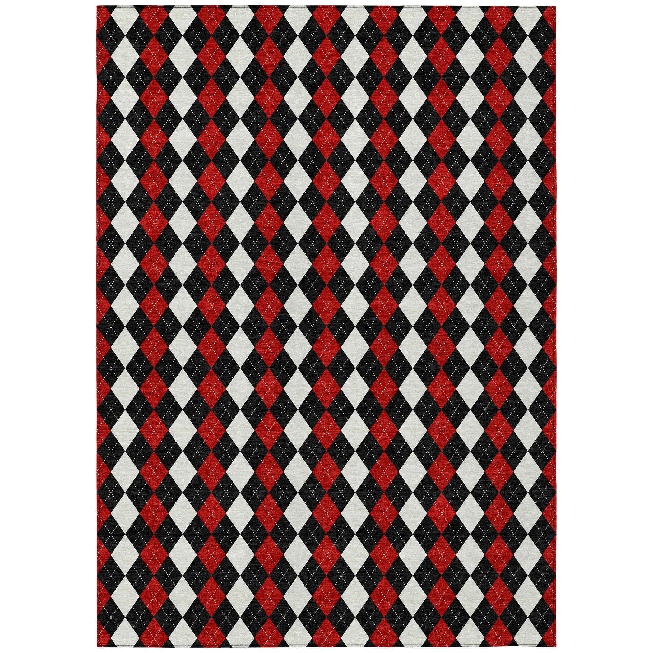 5' X 8' Black Red And White Argyle Washable Indoor Outdoor Area Rug