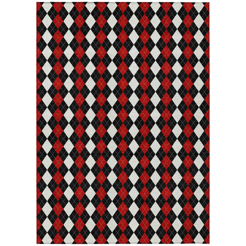 5' X 8' Black Red And White Argyle Washable Indoor Outdoor Area Rug