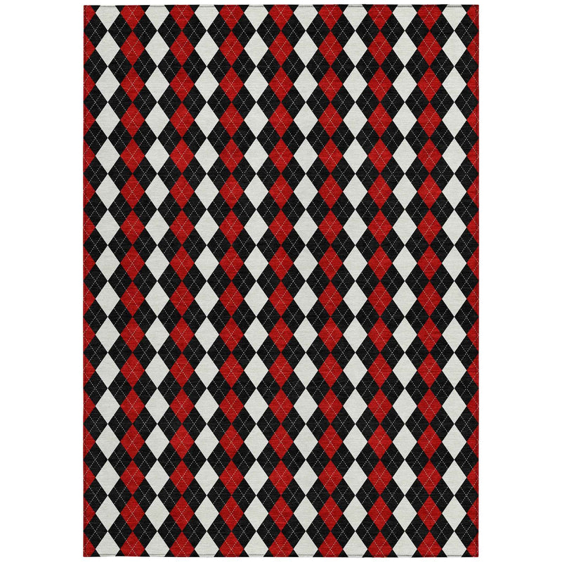 5' X 8' Black Red And White Argyle Washable Indoor Outdoor Area Rug