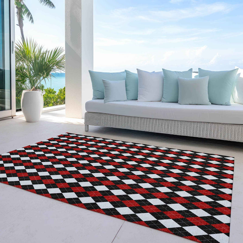 5' X 8' Black Red And White Argyle Washable Indoor Outdoor Area Rug