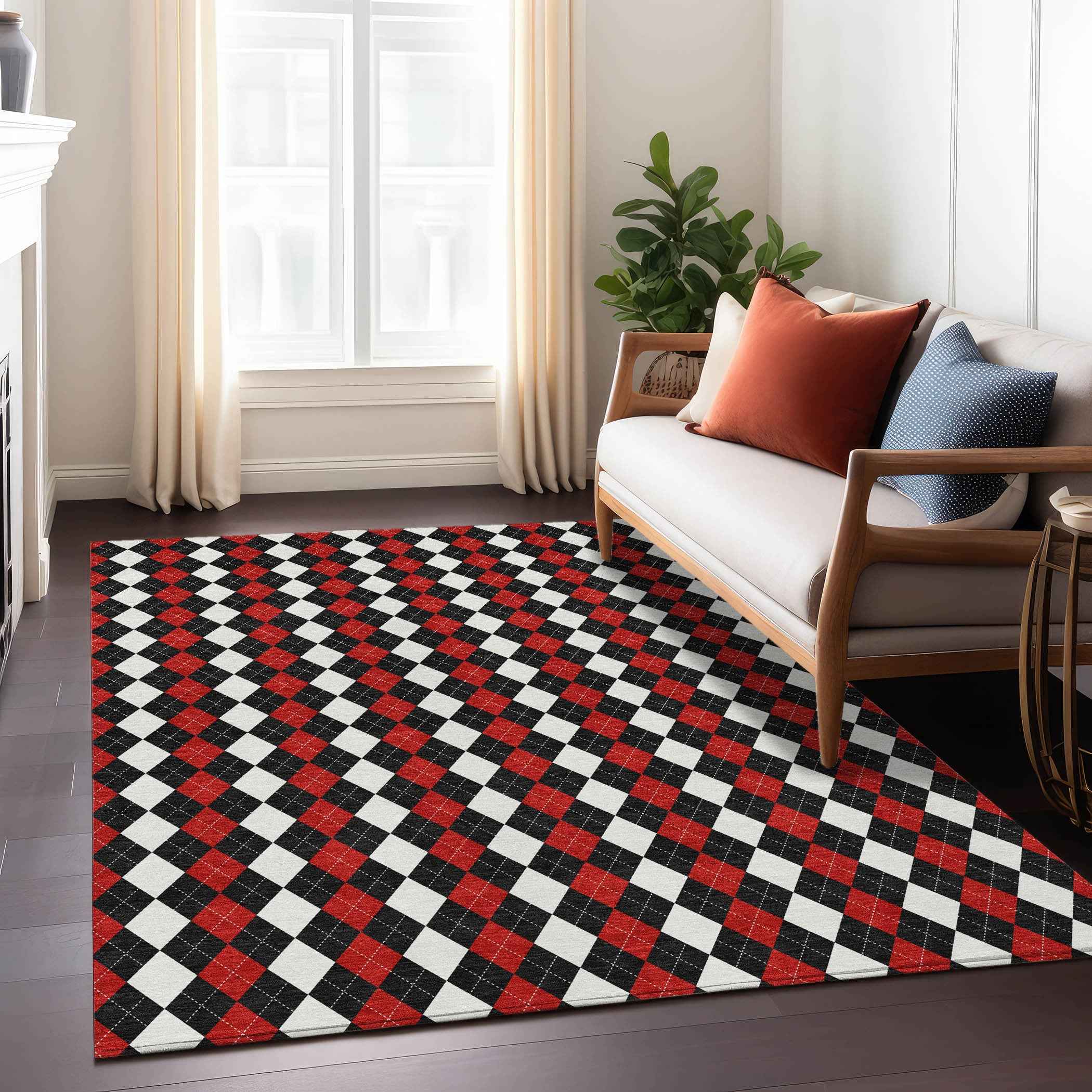 5' X 8' Black Red And White Argyle Washable Indoor Outdoor Area Rug