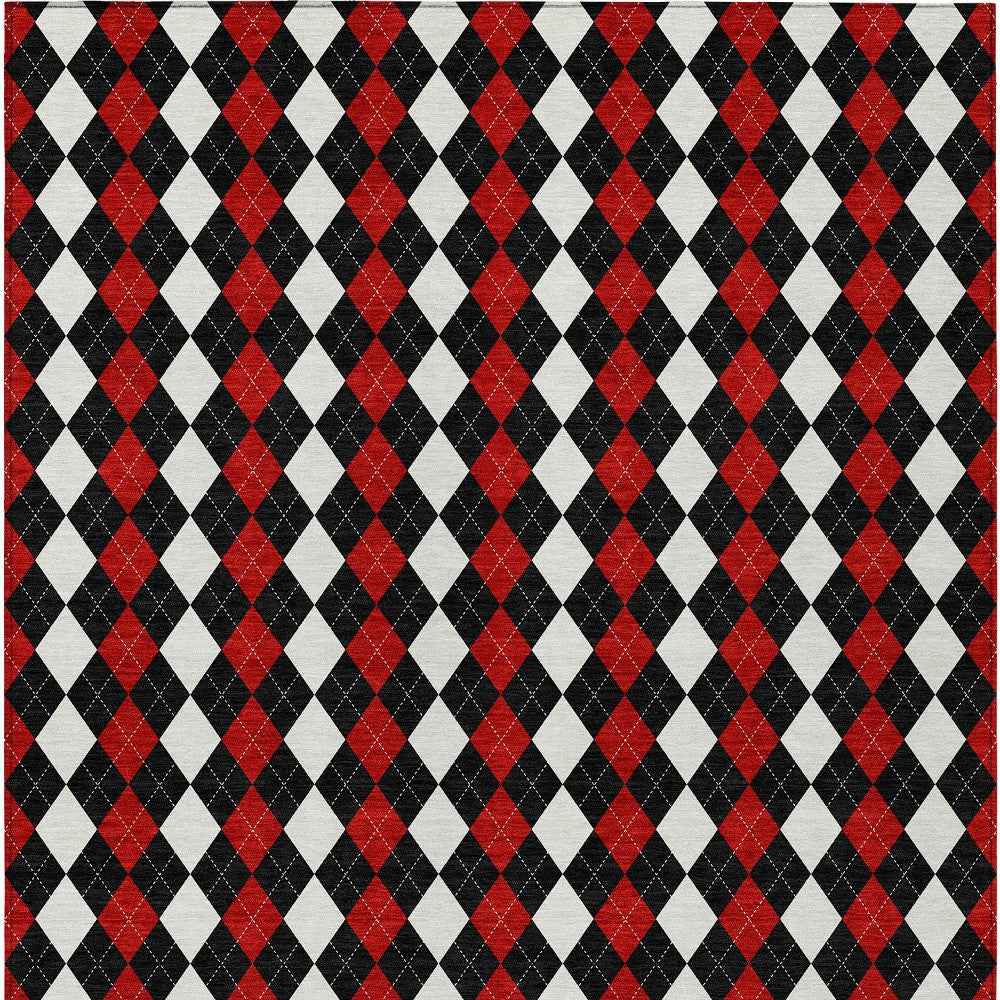 5' X 8' Black Red And White Argyle Washable Indoor Outdoor Area Rug