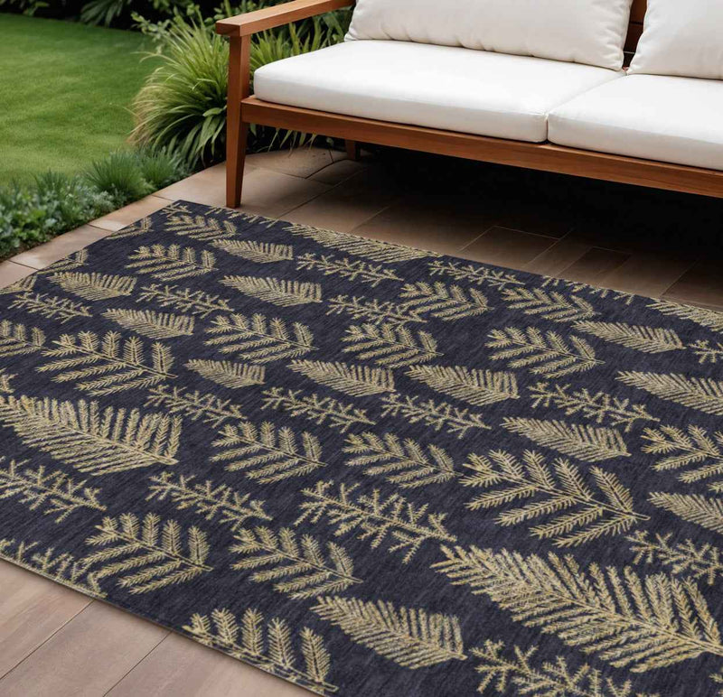 10' X 14' Black And Gold Botanical Leaves Washable Indoor Outdoor Area Rug