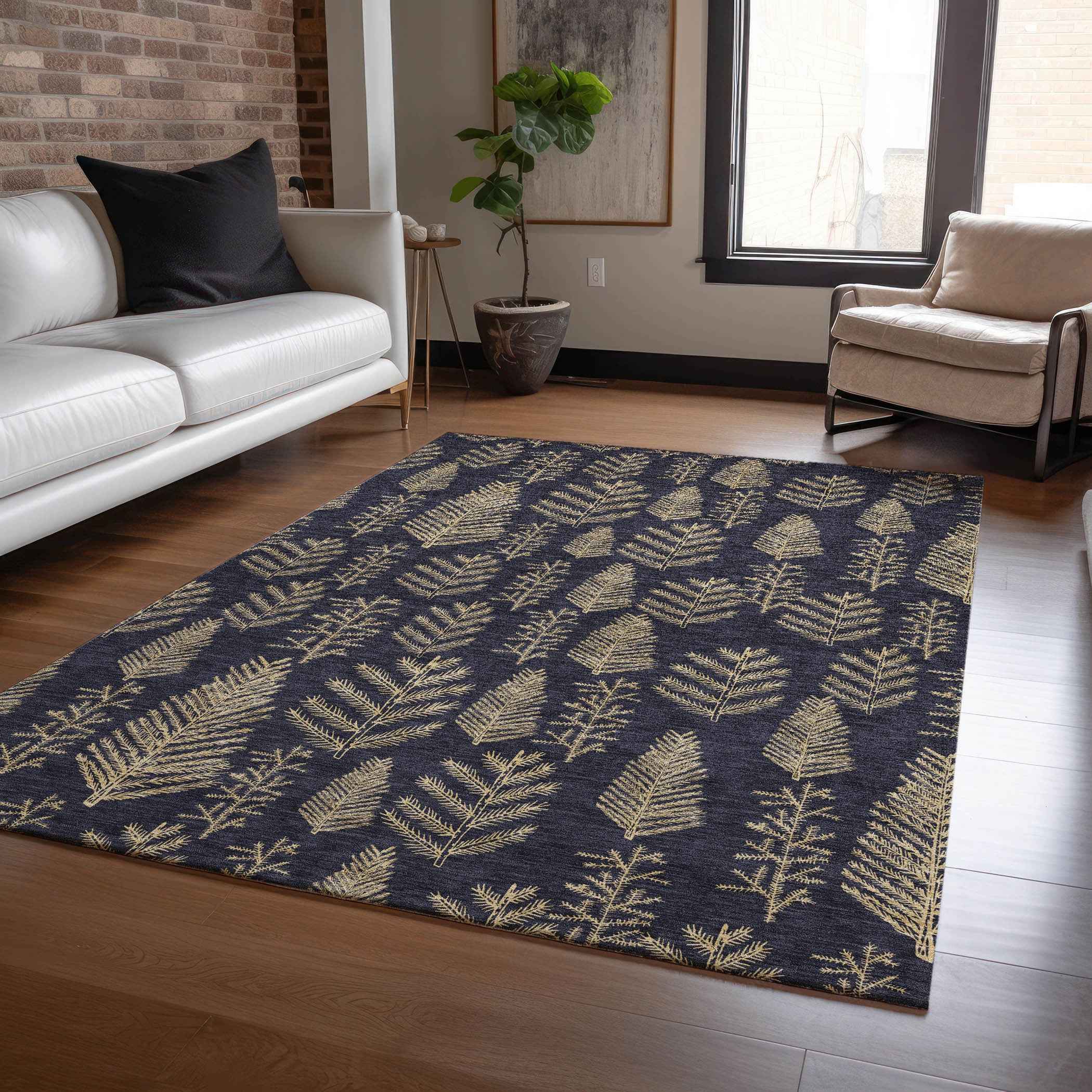 10' X 14' Black And Gold Botanical Leaves Washable Indoor Outdoor Area Rug
