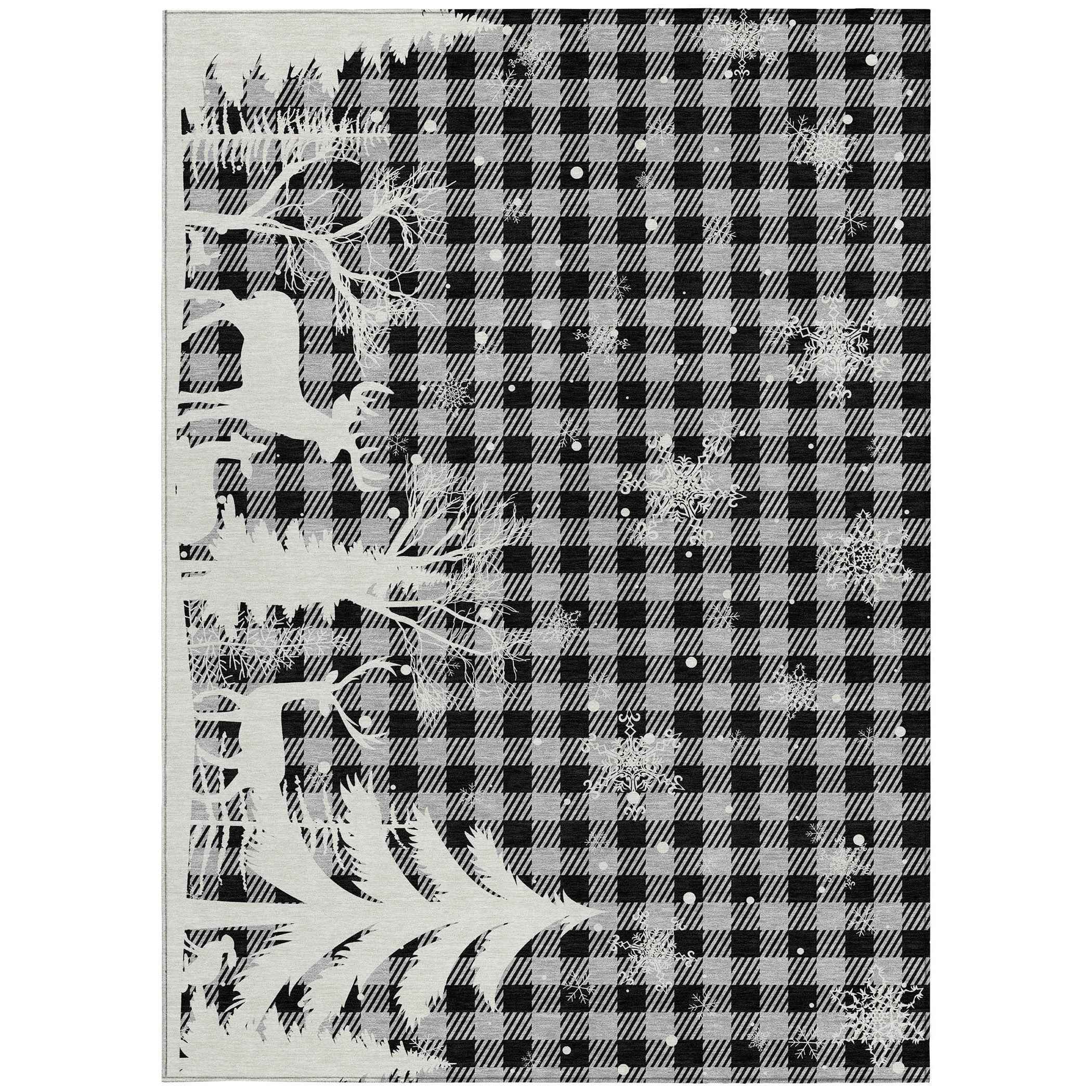 9' X 12' Gray Black And Ivory Plaid Washable Indoor Outdoor Area Rug