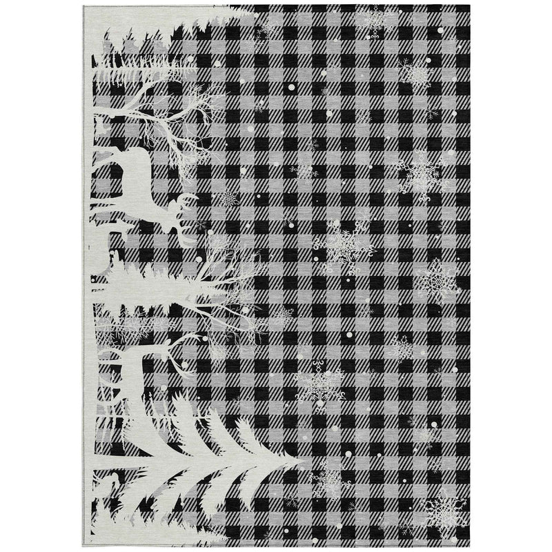 9' X 12' Gray Black And Ivory Plaid Washable Indoor Outdoor Area Rug