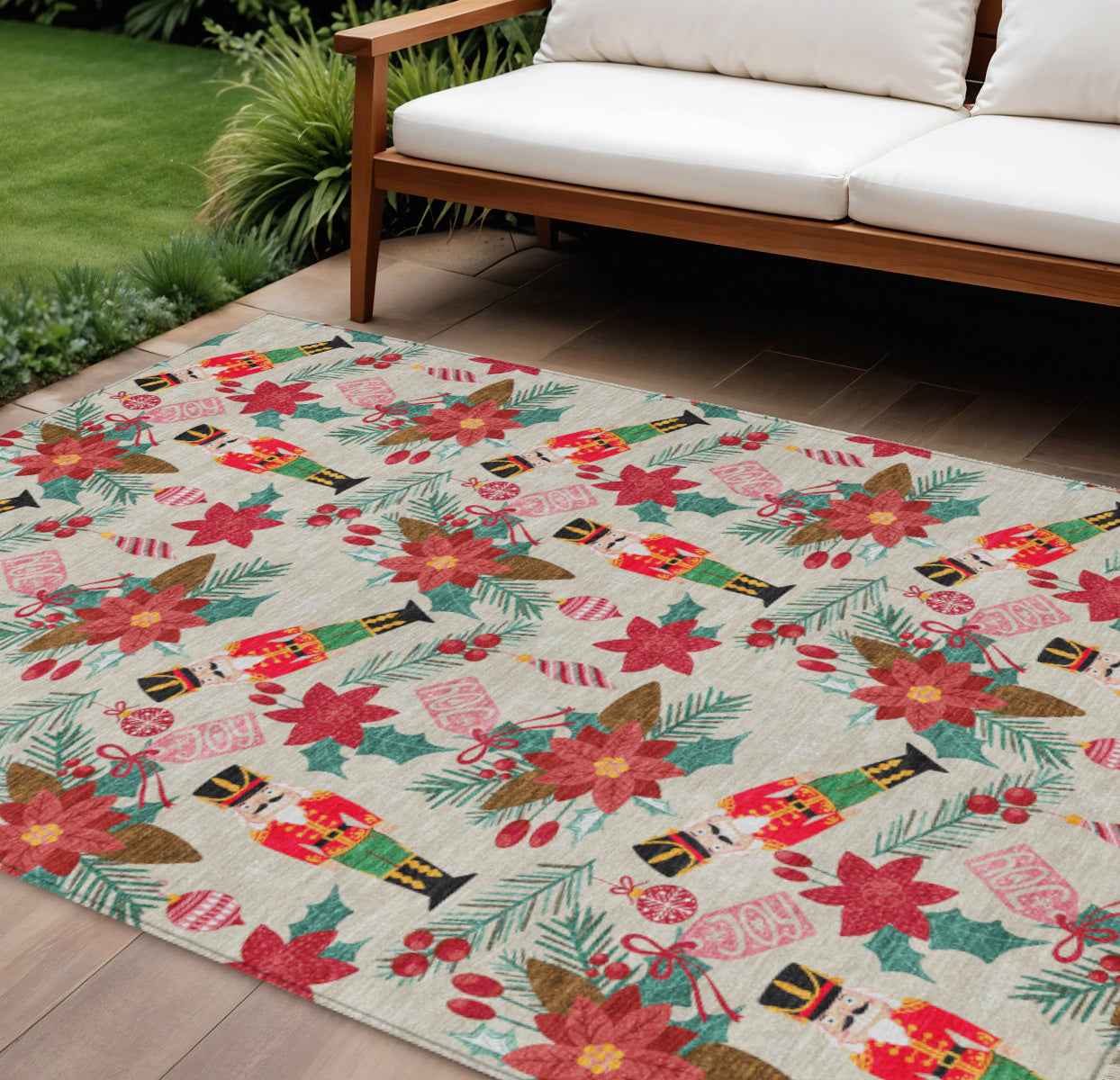 8' X 10' Beige Red Black Pink And Brown Floral Washable Indoor Outdoor Area Rug