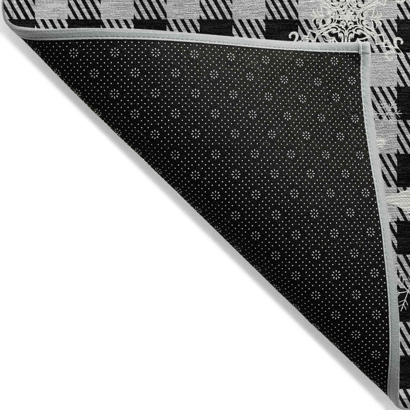 9' X 12' Gray Black And Ivory Plaid Washable Indoor Outdoor Area Rug