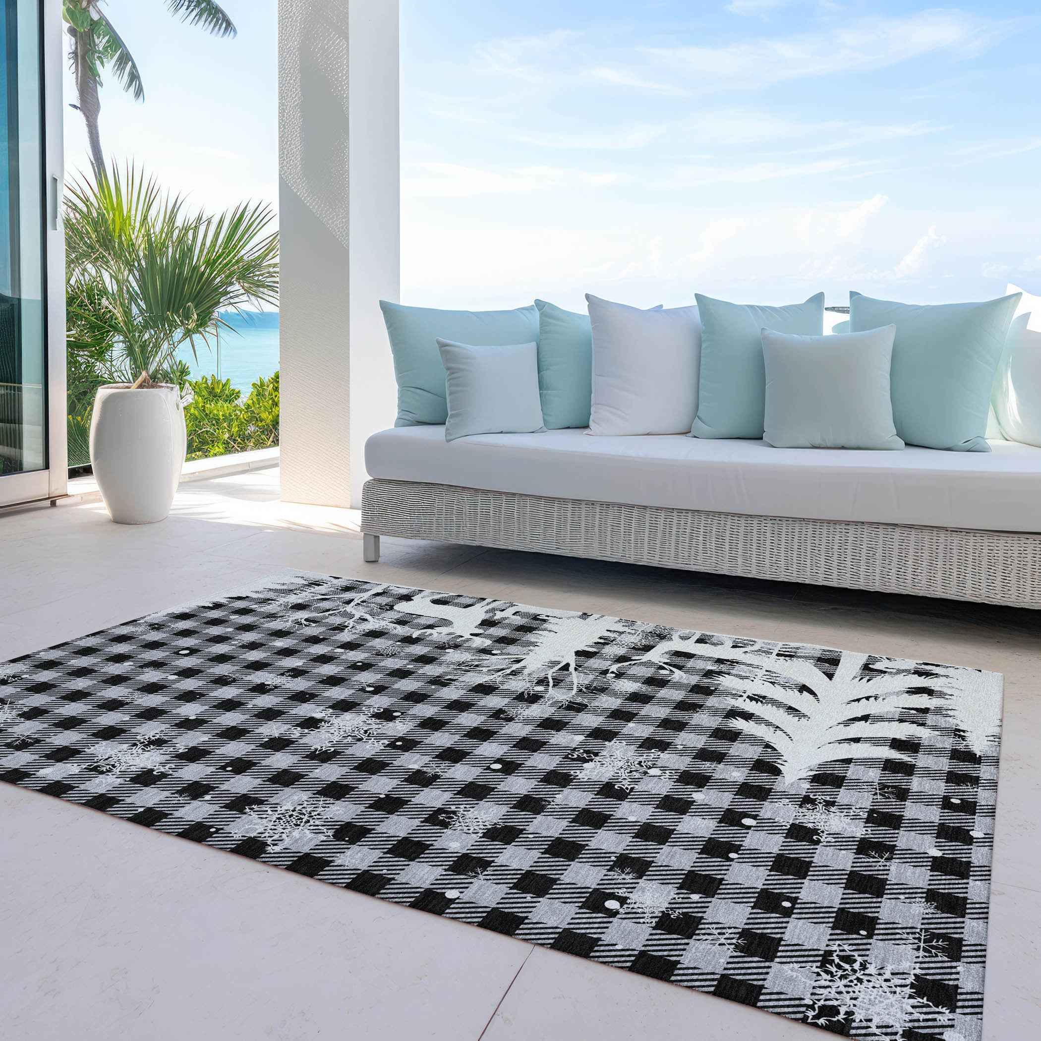 9' X 12' Gray Black And Ivory Plaid Washable Indoor Outdoor Area Rug