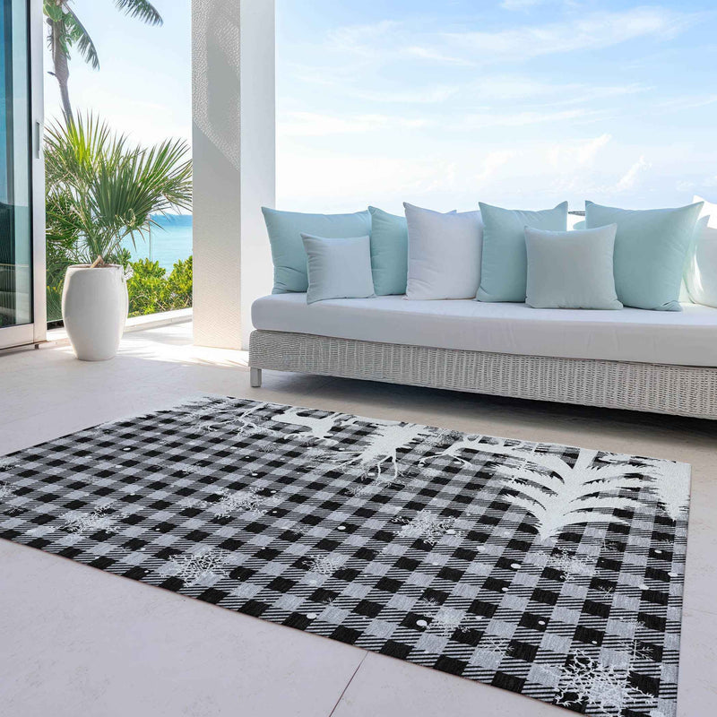 9' X 12' Gray Black And Ivory Plaid Washable Indoor Outdoor Area Rug