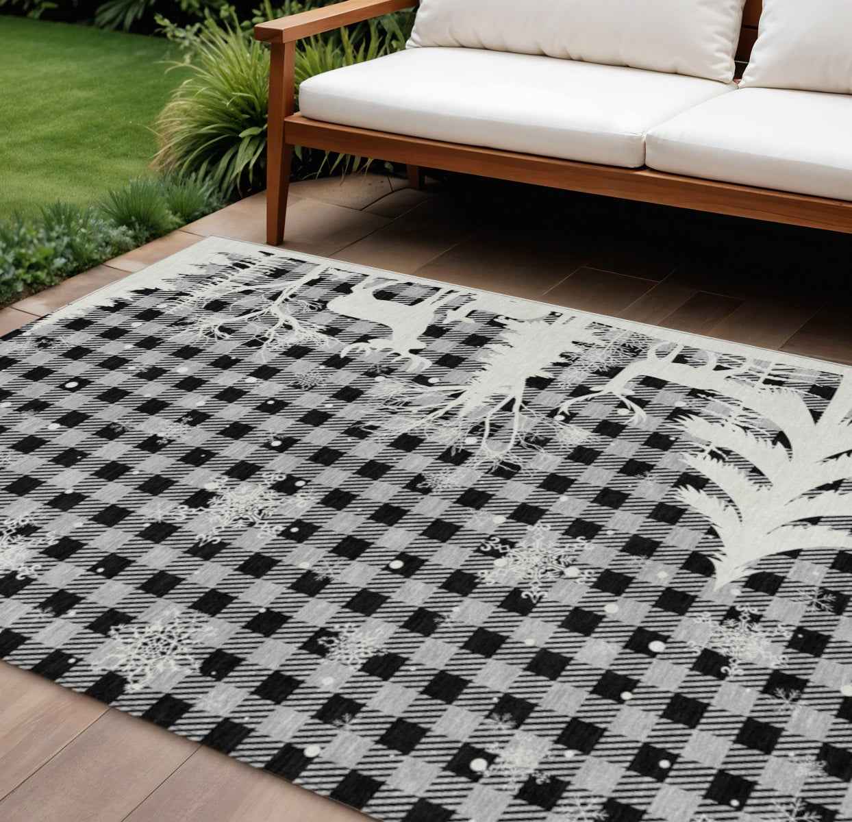 9' X 12' Gray Black And Ivory Plaid Washable Indoor Outdoor Area Rug