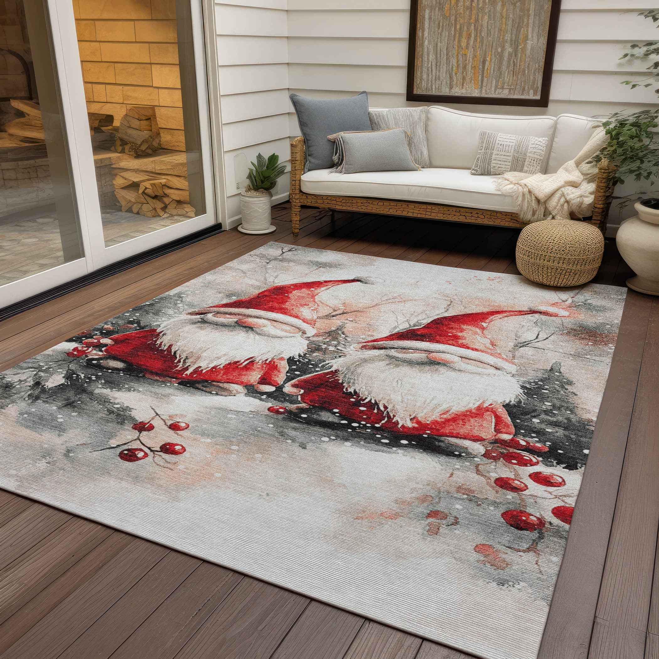 9' X 12' Ivory Red And Gray Botanical Leaves Washable Indoor Outdoor Area Rug