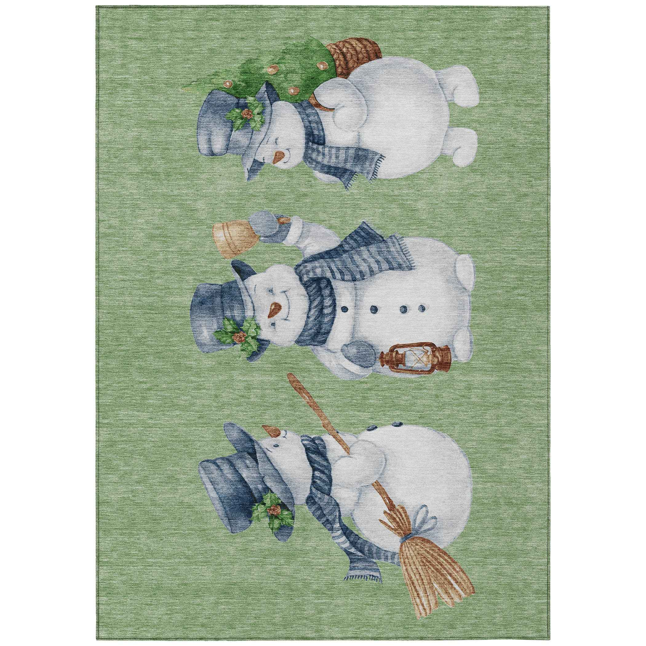 9' X 12' Artichoke Green Denim Blue And Ivory Botanical Leaves Washable Indoor Outdoor Area Rug