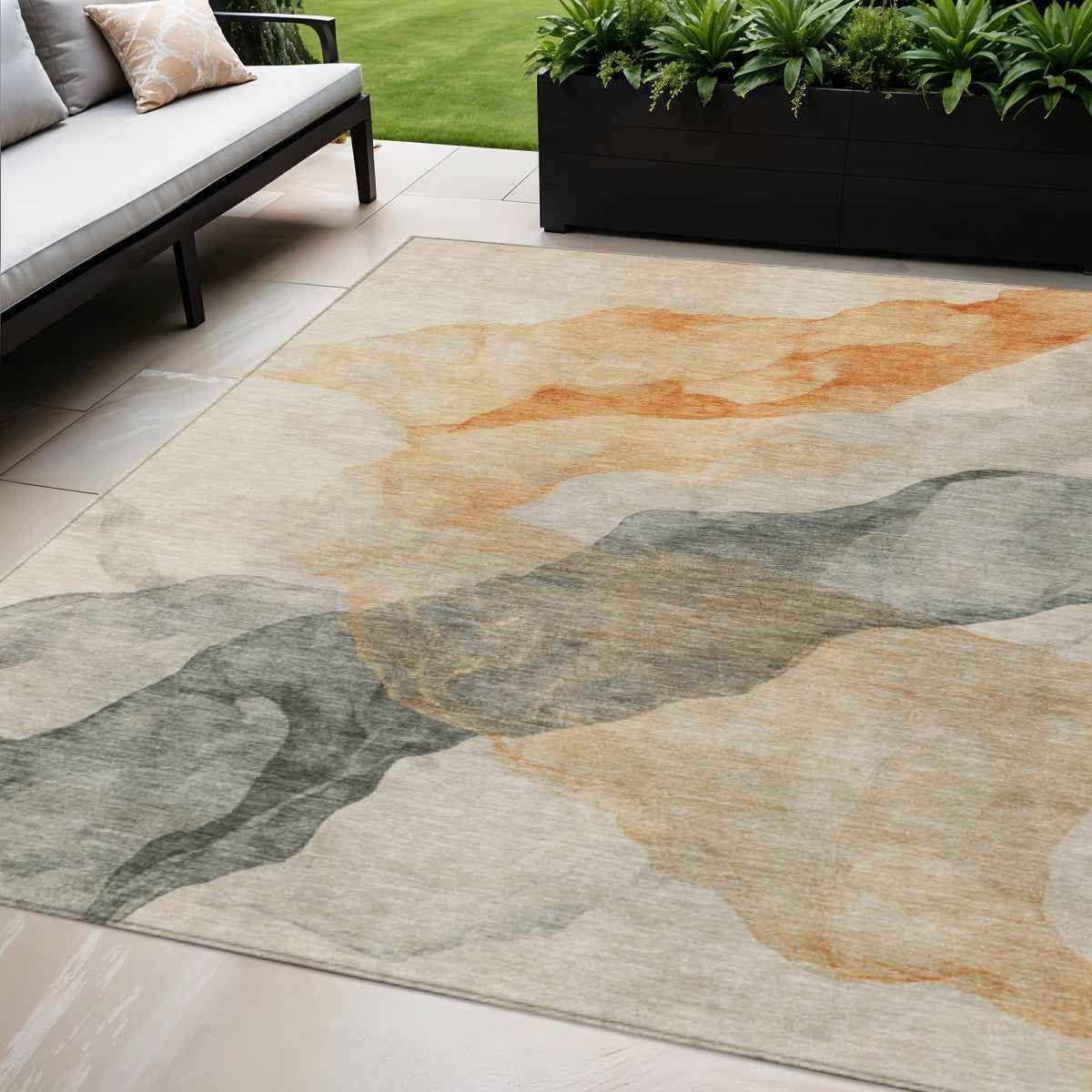 5' X 8' Orange And Gray Abstract Washable Indoor Outdoor Area Rug