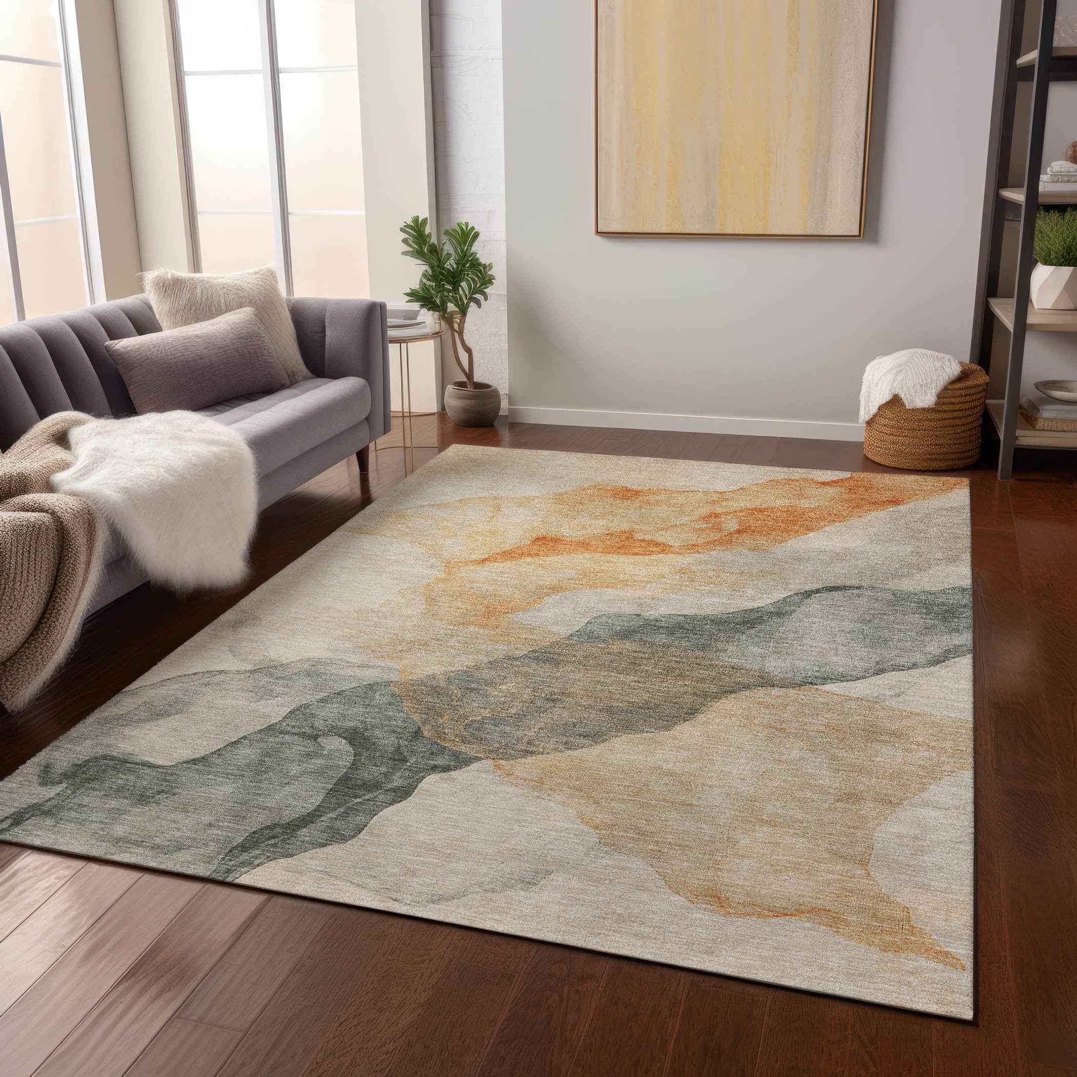 5' X 8' Orange And Gray Abstract Washable Indoor Outdoor Area Rug