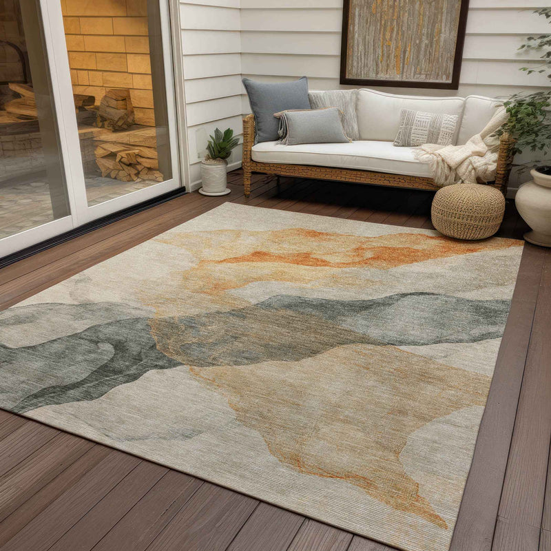 5' X 8' Orange And Gray Abstract Washable Indoor Outdoor Area Rug