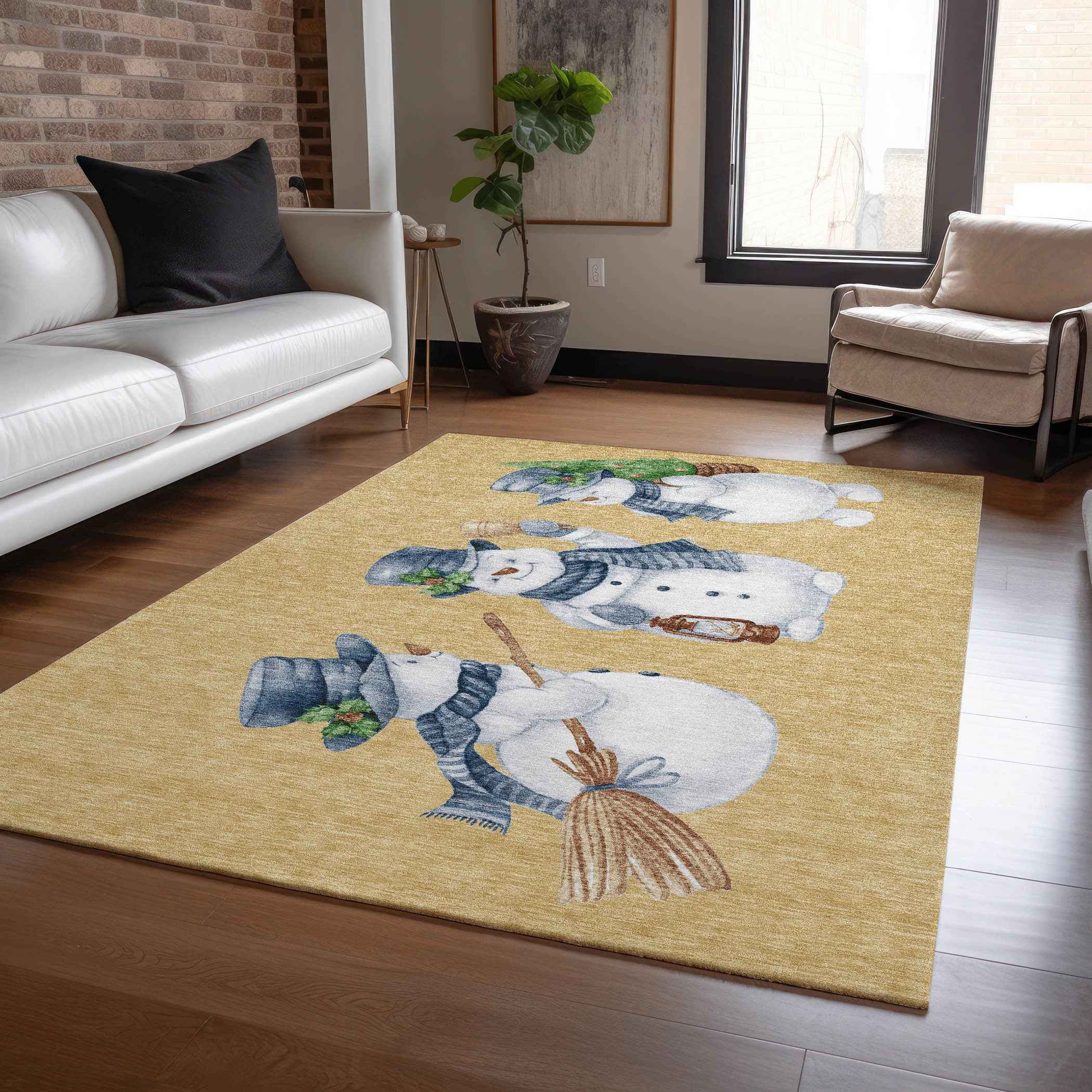 3' X 5' Gold Denim Blue And Ivory Botanical Leaves Washable Indoor Outdoor Area Rug