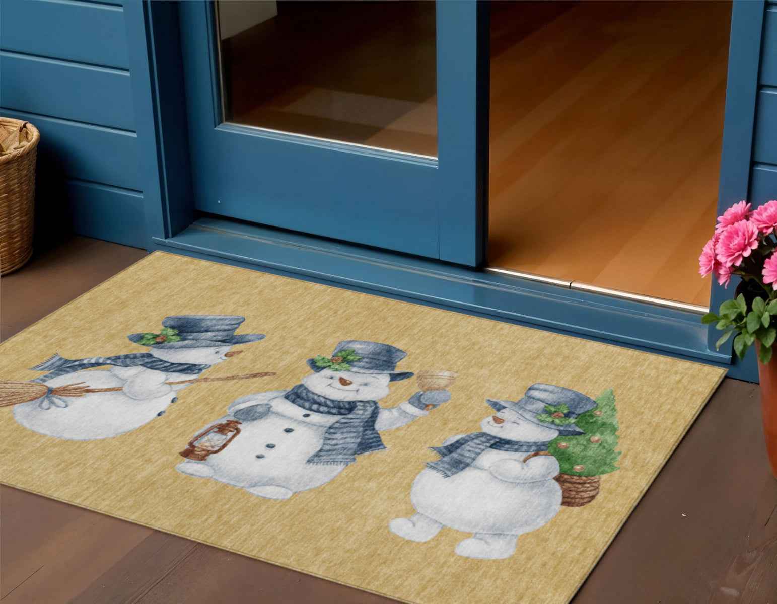 3' X 5' Gold Denim Blue And Ivory Botanical Leaves Washable Indoor Outdoor Area Rug