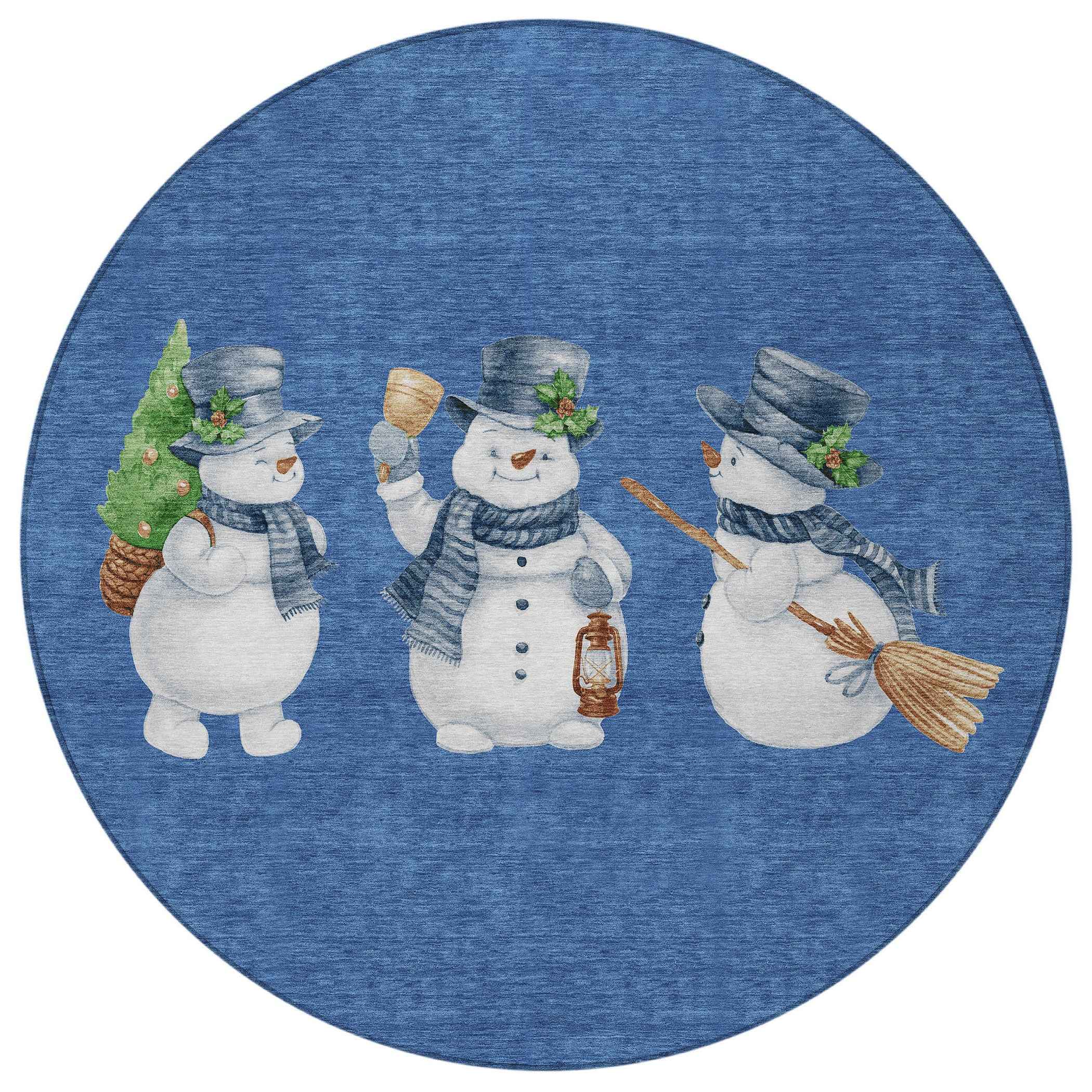 8' Navy Blue Denim Blue And Ivory Round Botanical Leaves Washable Indoor Outdoor Area Rug