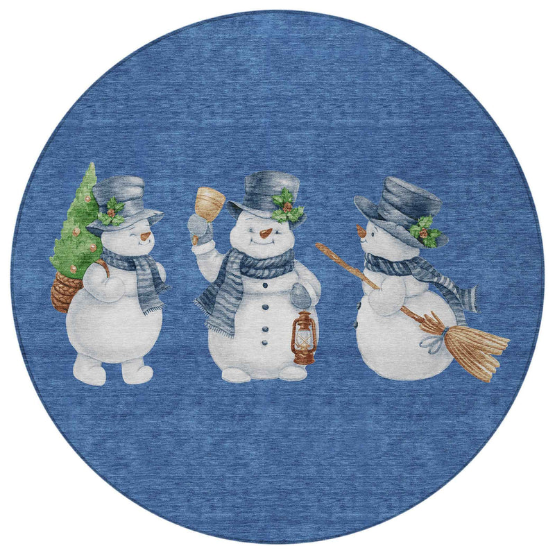 8' Navy Blue Denim Blue And Ivory Round Botanical Leaves Washable Indoor Outdoor Area Rug