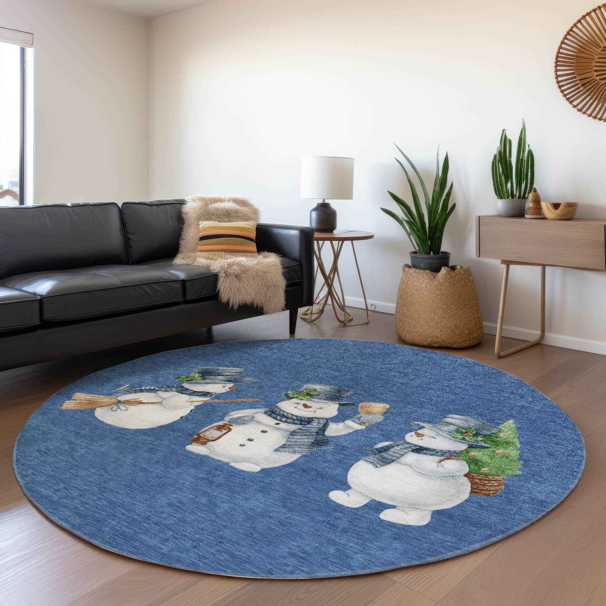 8' Navy Blue Denim Blue And Ivory Round Botanical Leaves Washable Indoor Outdoor Area Rug