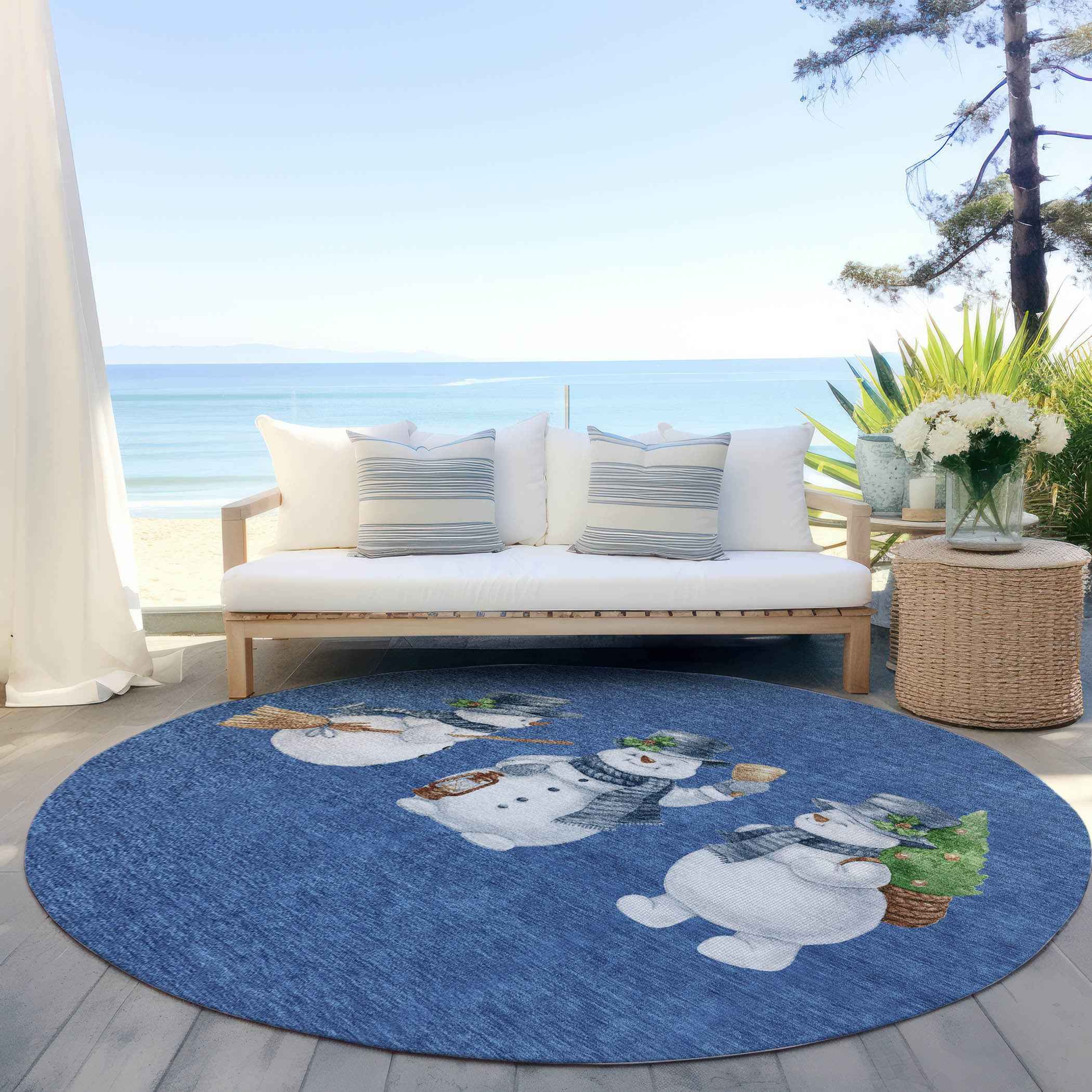 8' Navy Blue Denim Blue And Ivory Round Botanical Leaves Washable Indoor Outdoor Area Rug