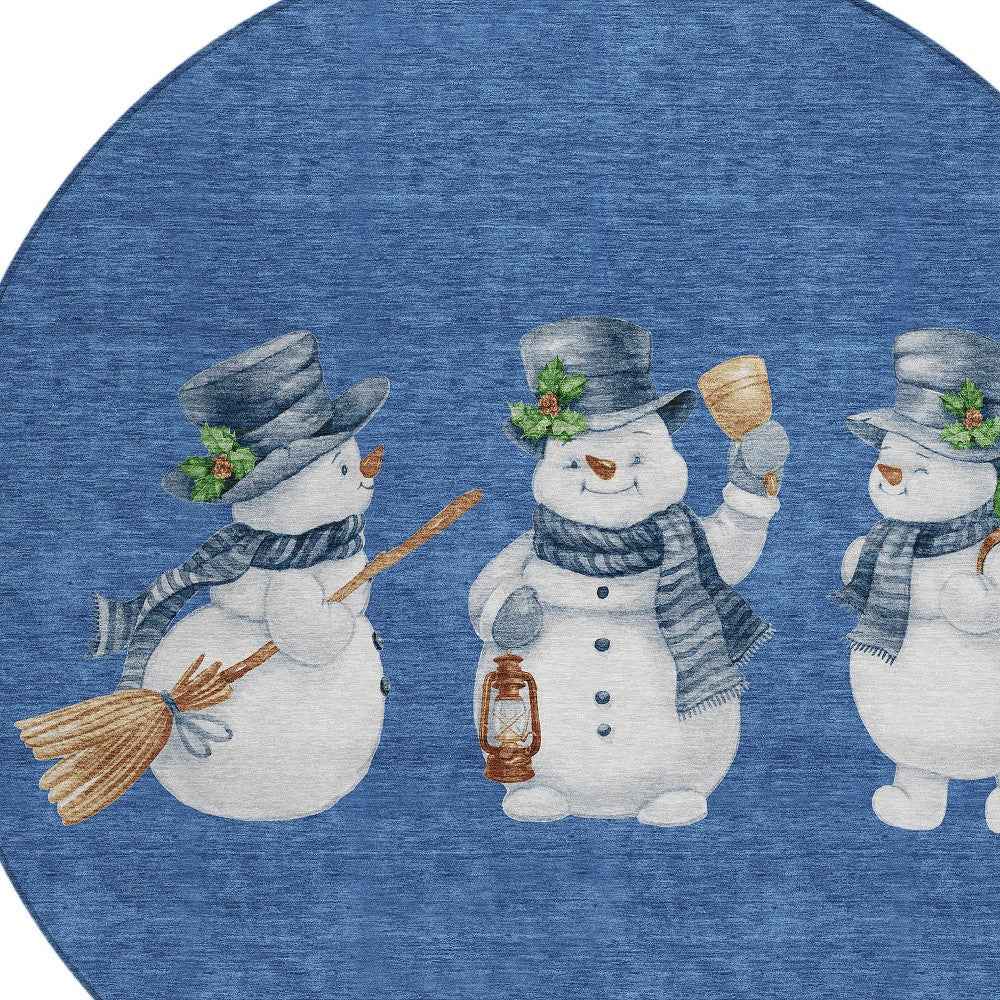 8' Navy Blue Denim Blue And Ivory Round Botanical Leaves Washable Indoor Outdoor Area Rug