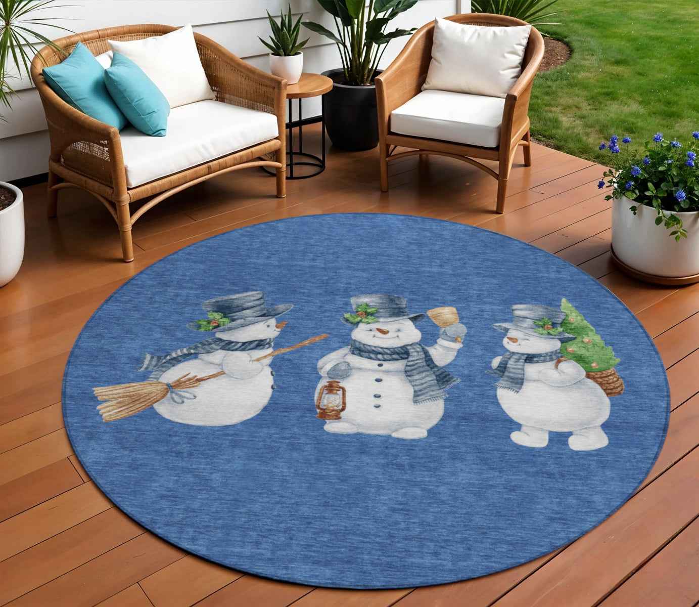 8' Navy Blue Denim Blue And Ivory Round Botanical Leaves Washable Indoor Outdoor Area Rug