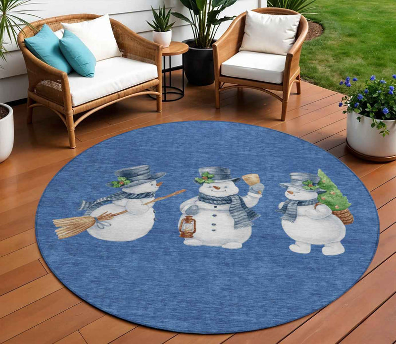 8' Navy Blue Denim Blue And Ivory Round Botanical Leaves Washable Indoor Outdoor Area Rug
