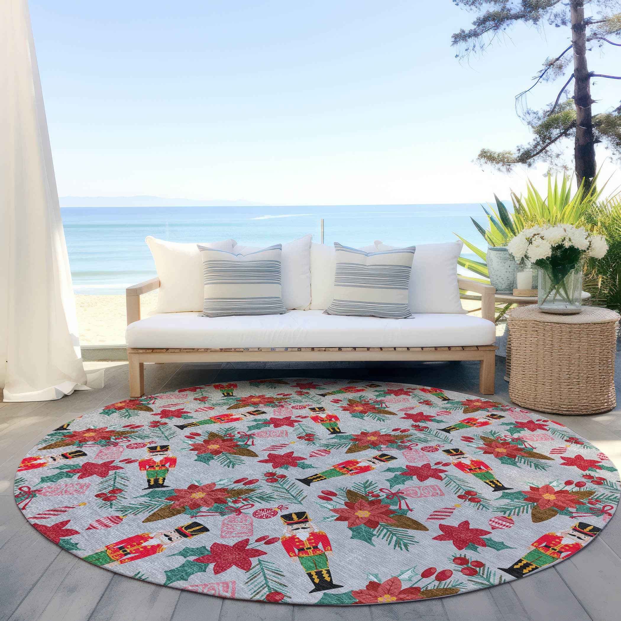 8' Silver Red Black Pink And Brown Round Floral Washable Indoor Outdoor Area Rug