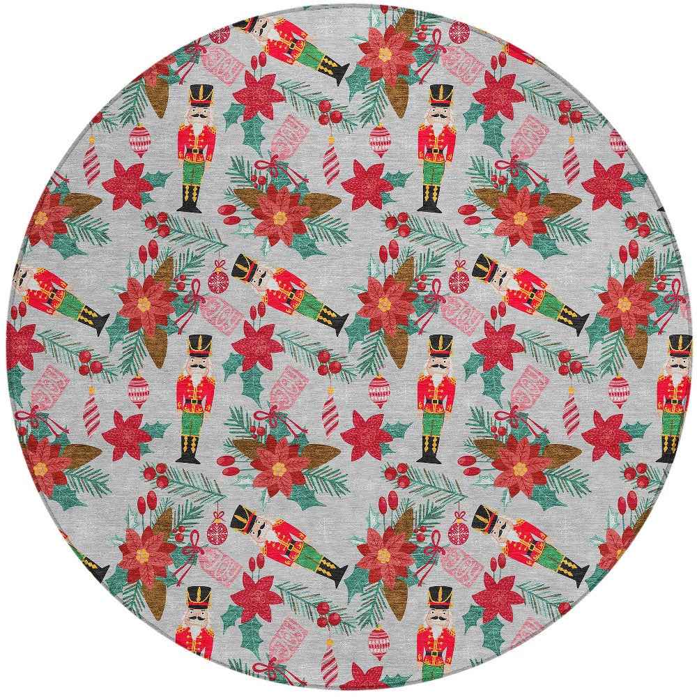 8' Silver Red Black Pink And Brown Round Floral Washable Indoor Outdoor Area Rug